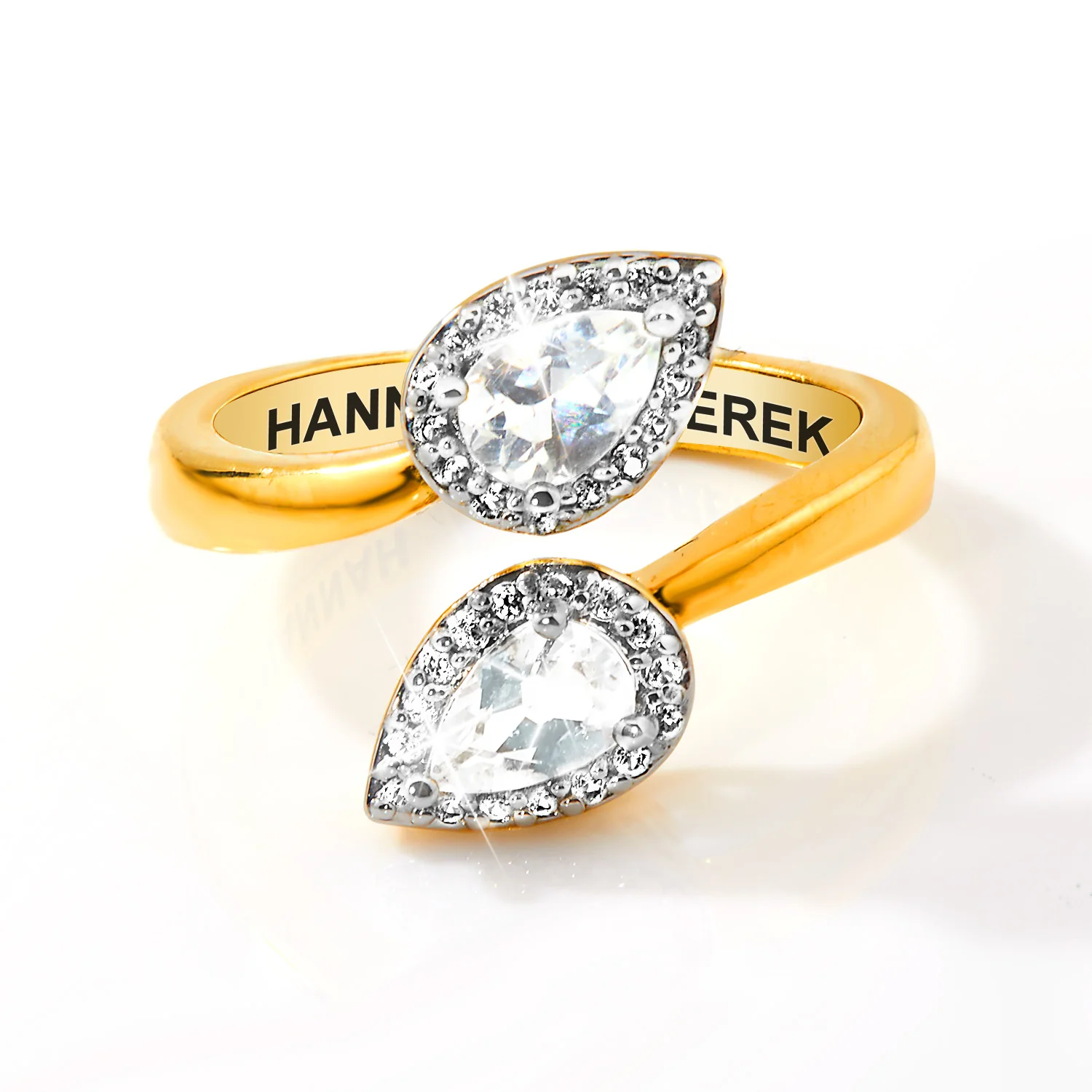Gold over Sterling Halo Pear White Topaz Engraved Bypass Ring