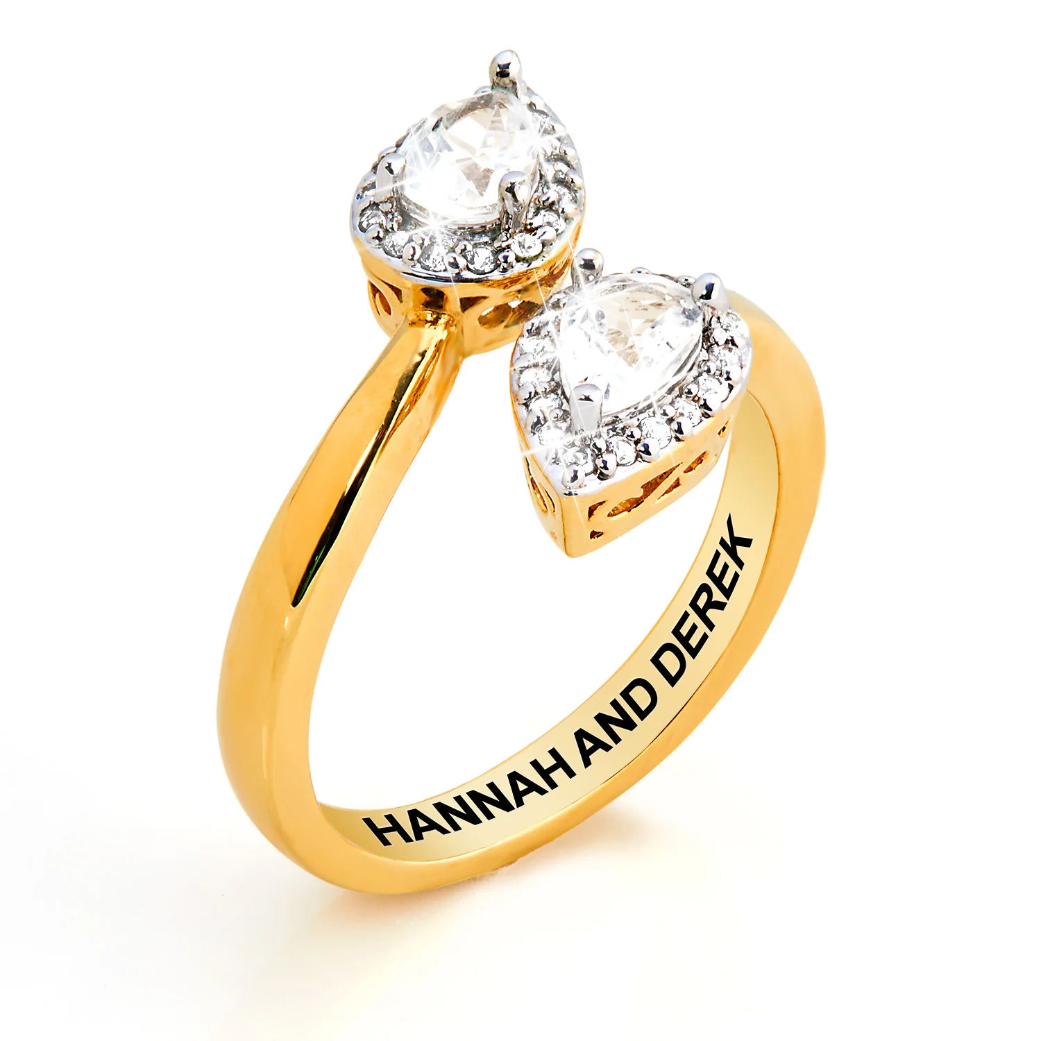 Gold over Sterling Halo Pear White Topaz Engraved Bypass Ring - Image 3