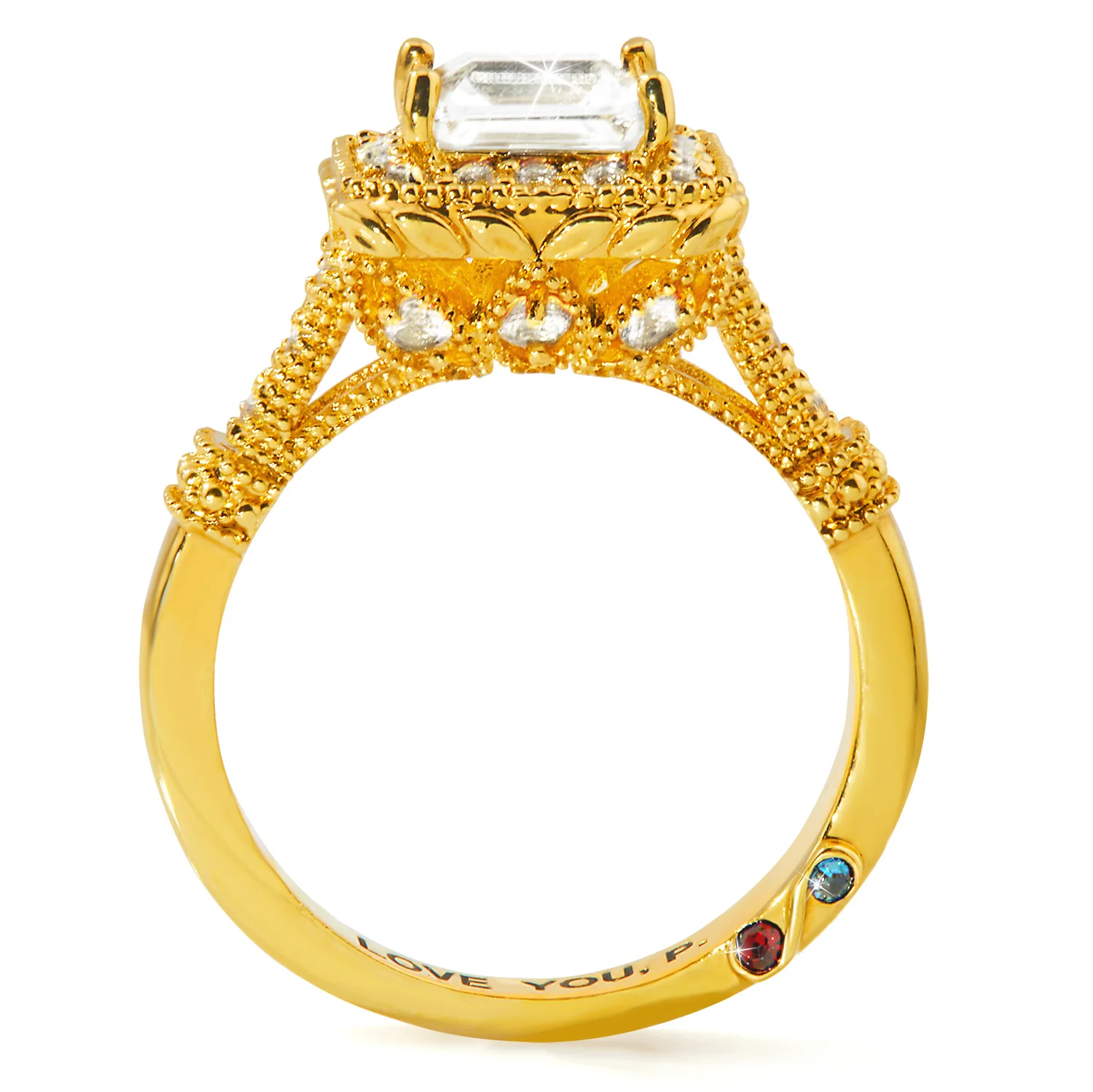 Gold over Sterling Halo Square White Topaz Vintage Hidden Messages Birthstone Ring - Image 6