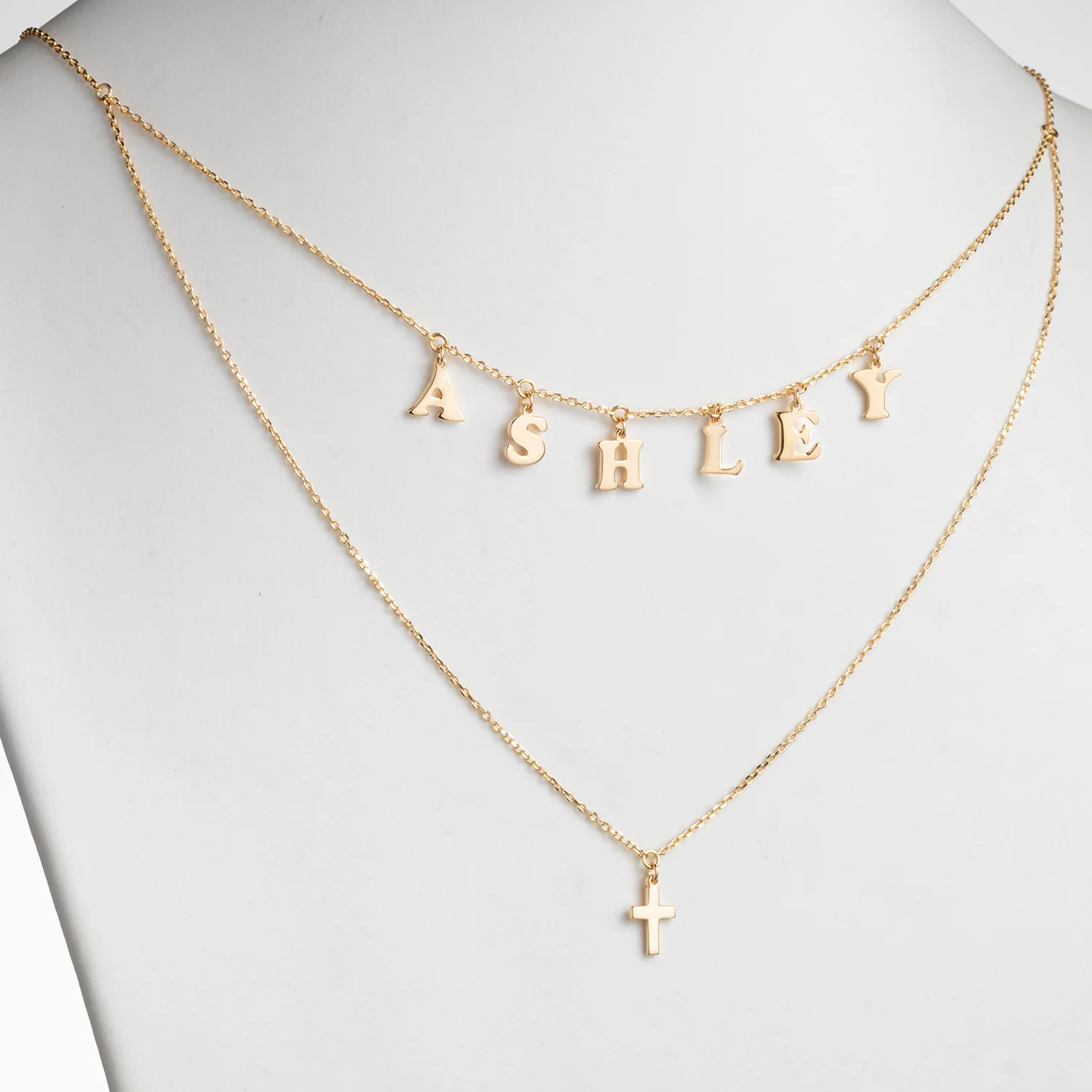 14K Gold over Sterling Layered Name and Cross Double Necklace - Image 2