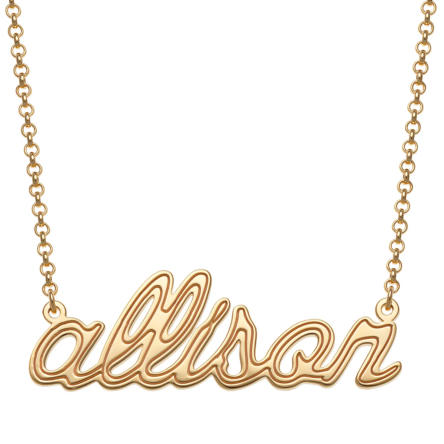 14K Gold over Sterling Lowercase Script Name with Outline Necklace