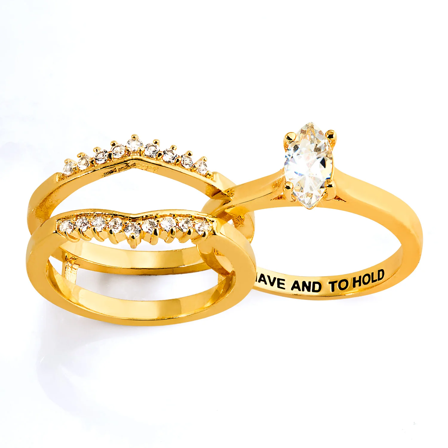 Gold over Sterling Marquise White Topaz Solitaire with Enhancer Engraved Engagement Ring Set - Image 4