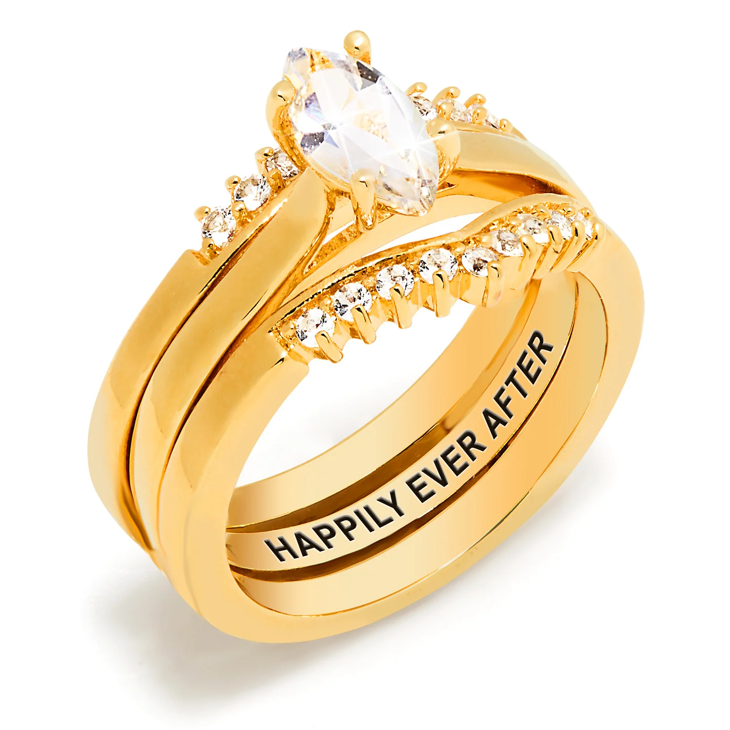 Gold over Sterling Marquise White Topaz Solitaire with Enhancer Engraved Engagement Ring Set - Image 7