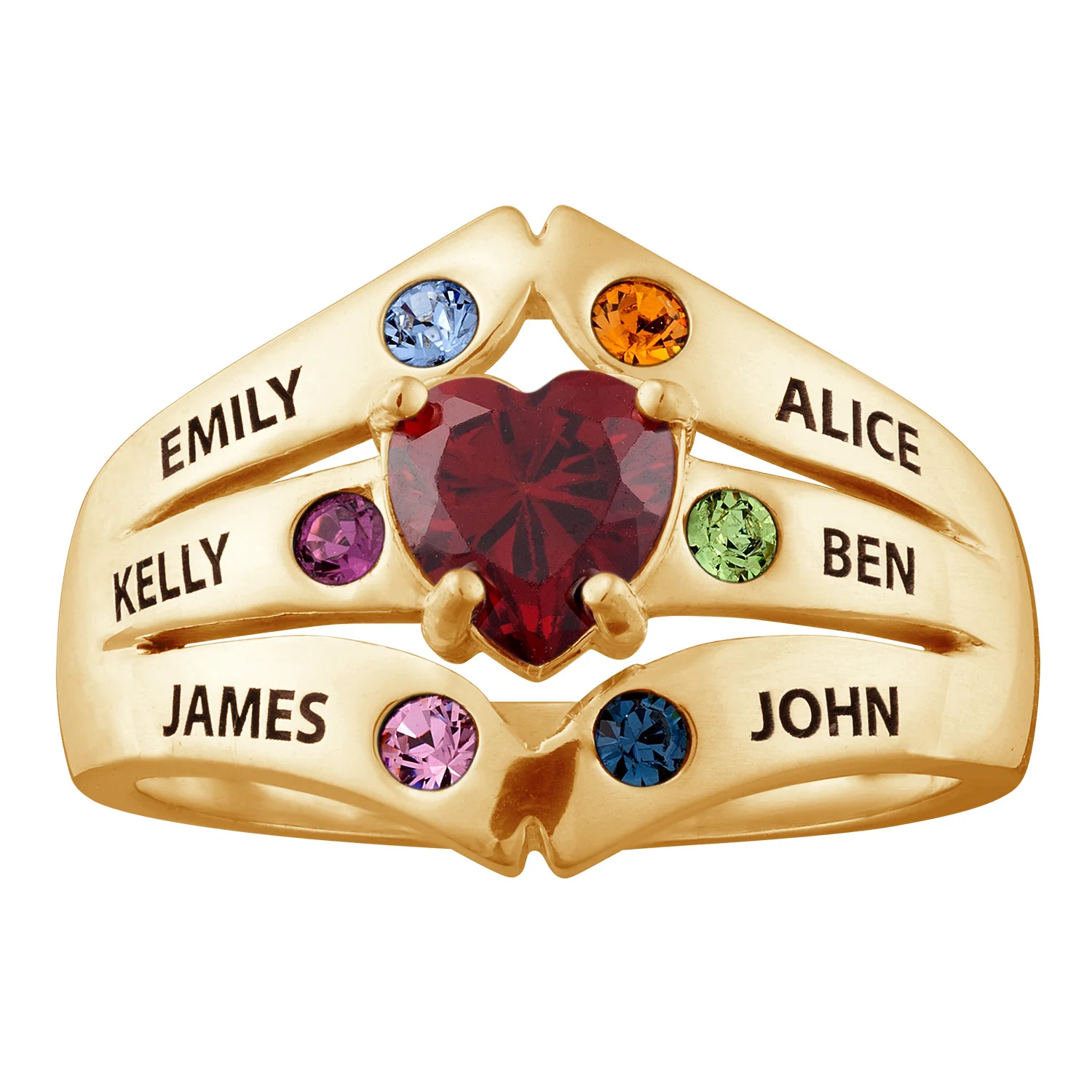 14K Gold over Sterling Mother's Heart Birthstone Family Name Ring