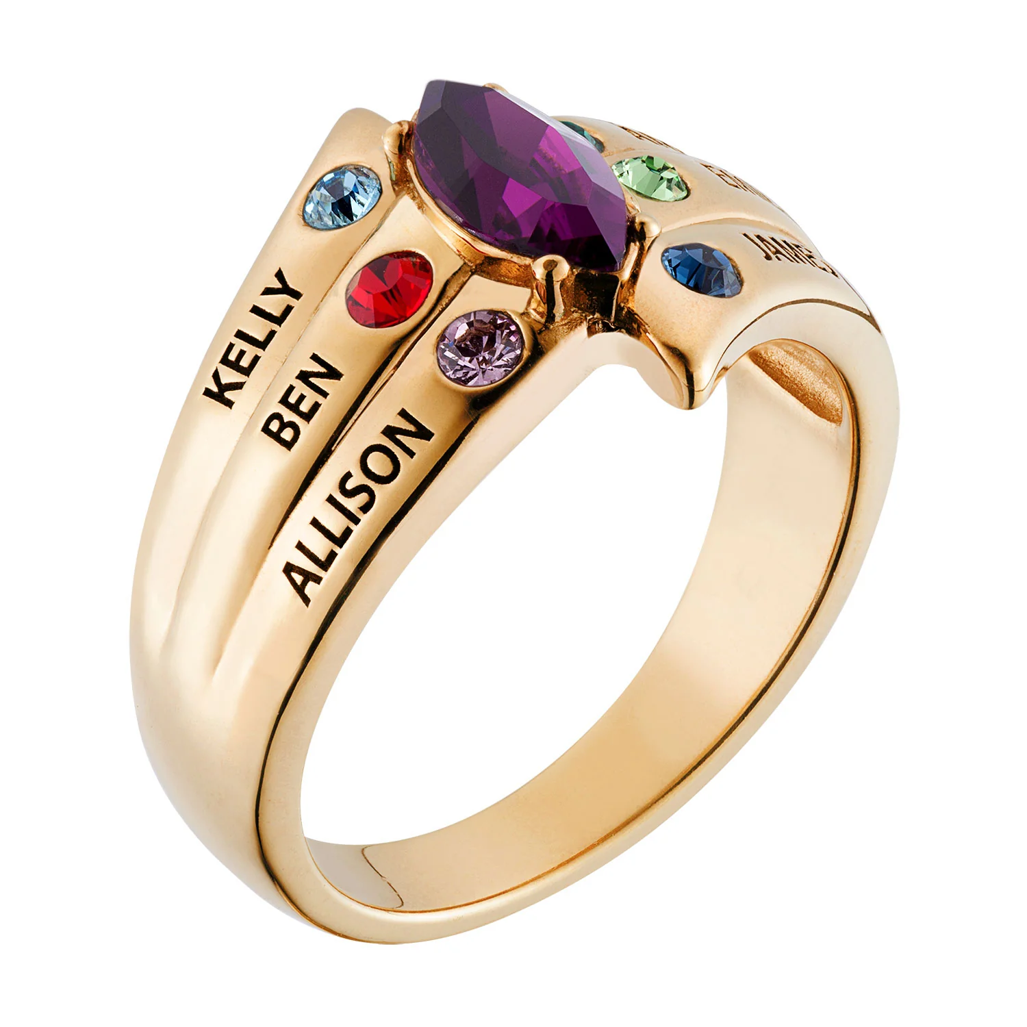 14K Gold over Sterling Mother's Marquise Birthstone Family Name Ring - Image 2