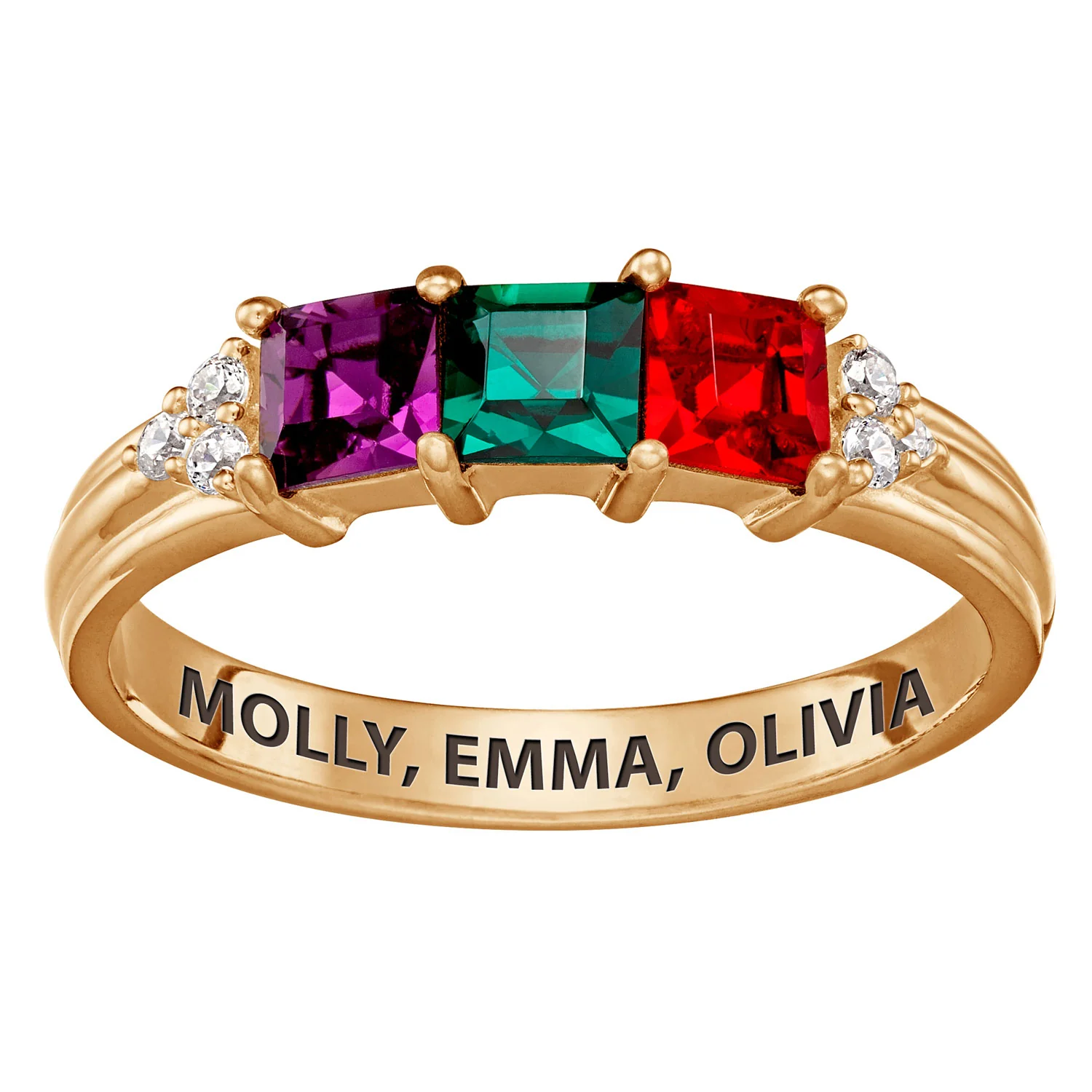 14K Gold over Sterling Mother's Square Birthstone Ring with CZ Accents