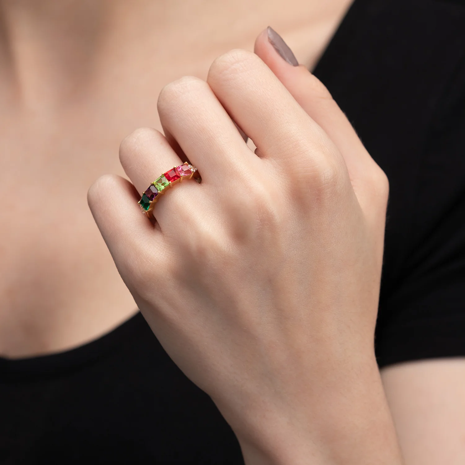 14K Gold over Sterling Mother's Square Birthstone Ring with CZ Accents - Image 6