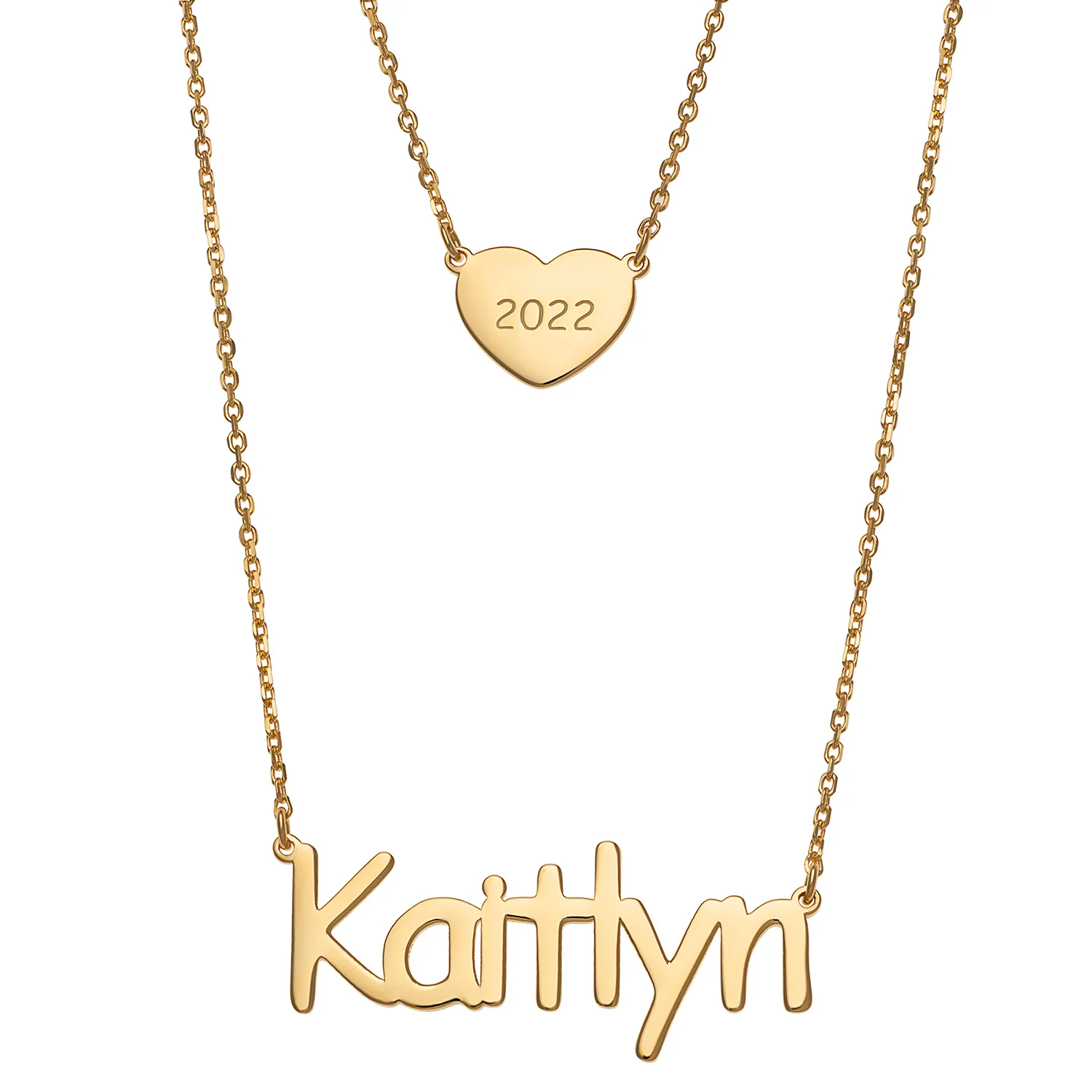 14K Gold over Sterling Name and Heart with Year Layered Double Necklace