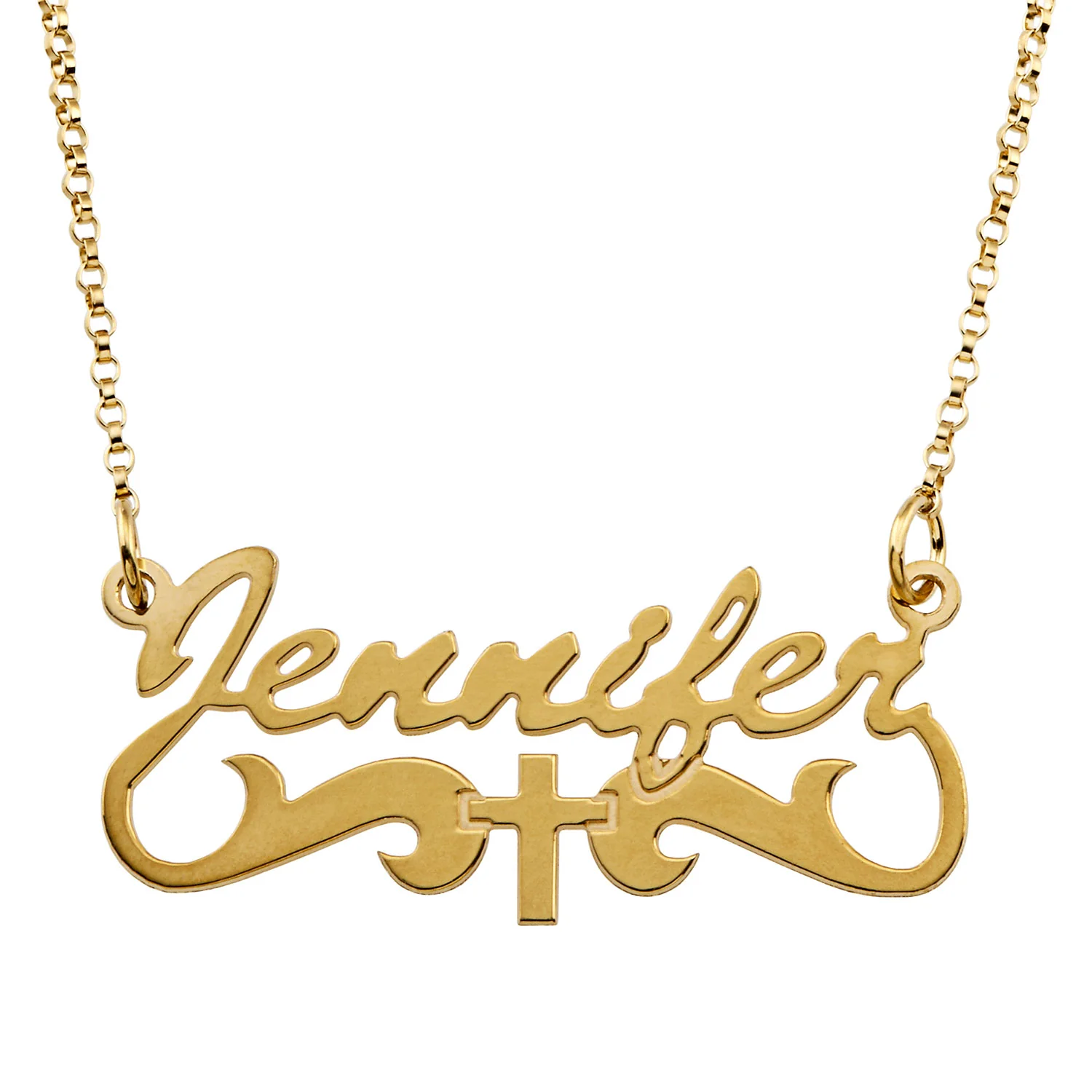 14K Gold over Sterling Name Necklace with Cross Tail