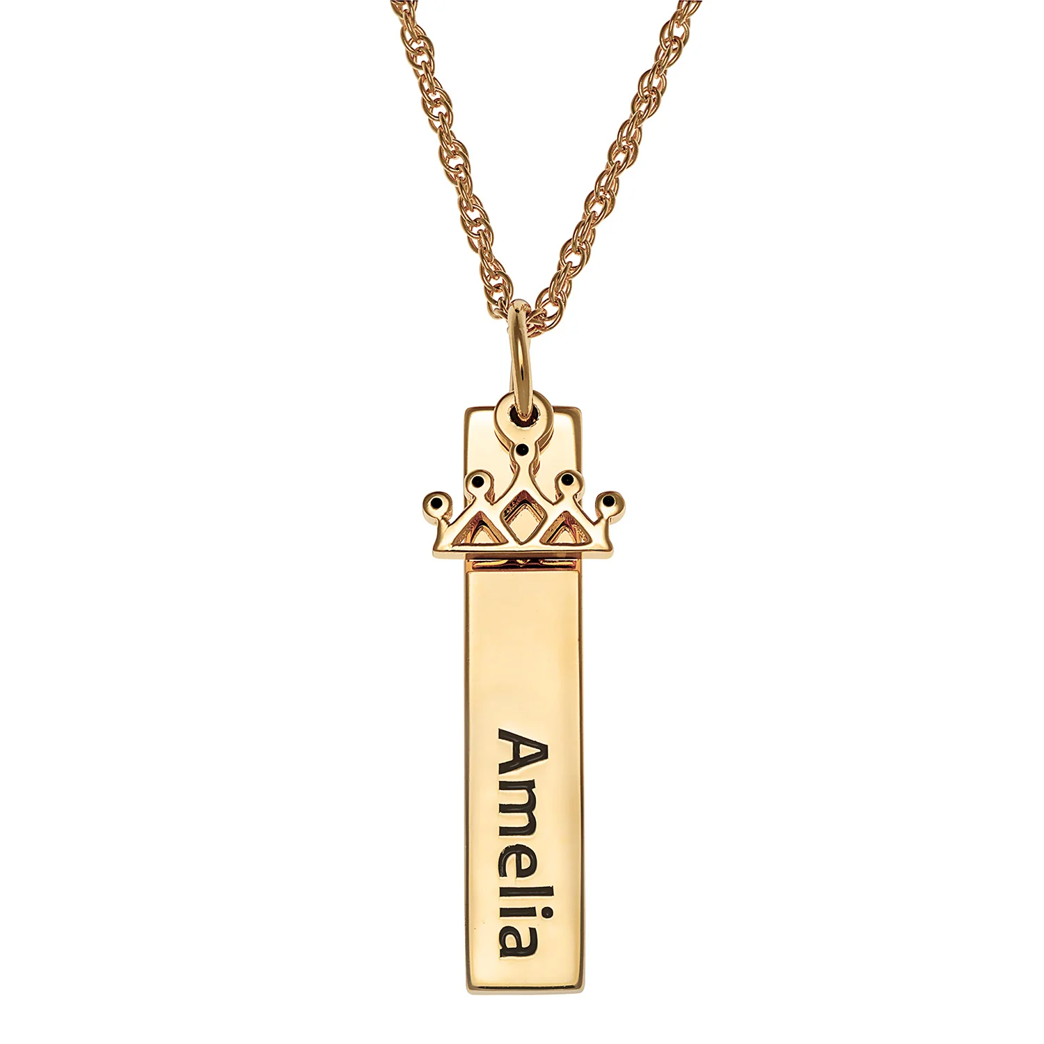 14K Gold over Sterling Name Tag with Crown Charm Necklace