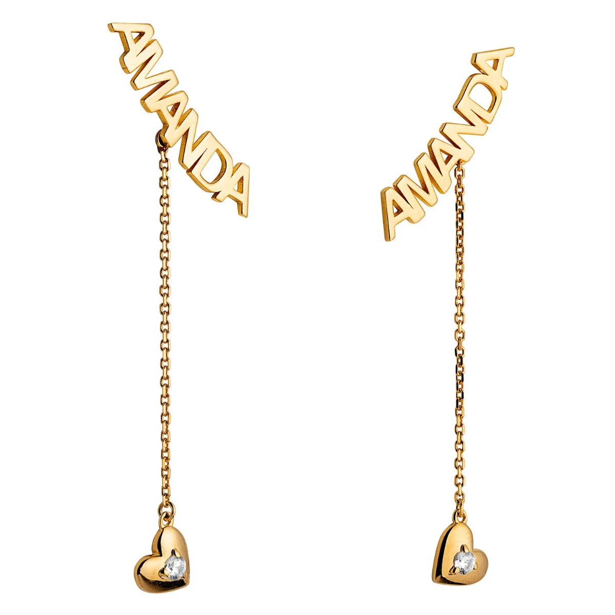 14K Gold over Sterling Name with Birthstone Heart Dangle Crawler Earrings - Image 3