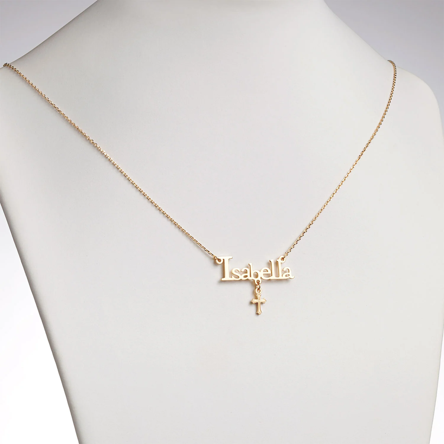 14K Gold over Sterling Name with Cross Charm Necklace - Image 2