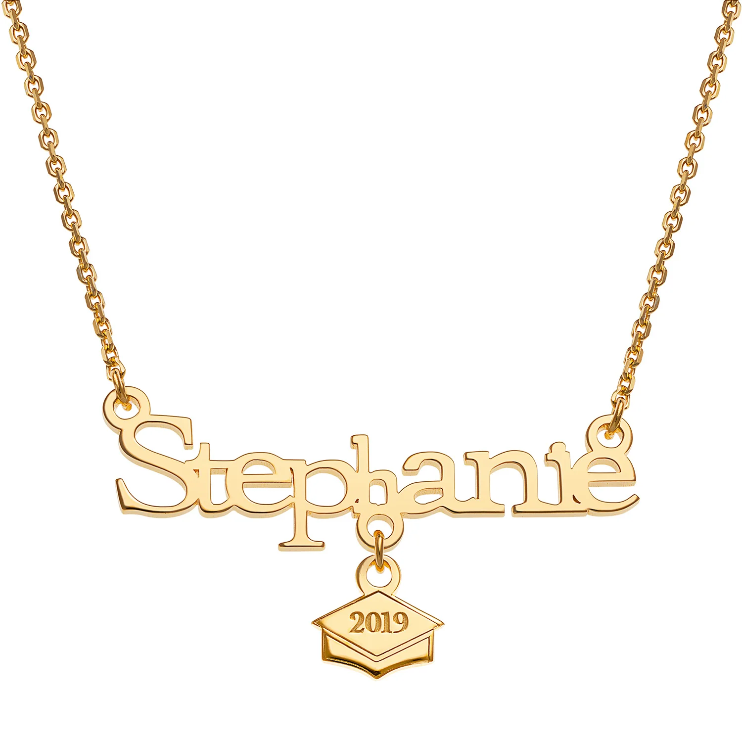 14K Gold over Sterling Name with Graduation Cap Charm Necklace