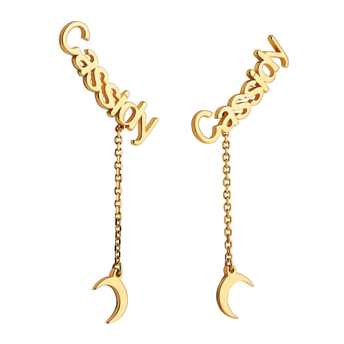 14K Gold over Sterling Name with Moon Charm Dangle Crawler Earrings - Image 3