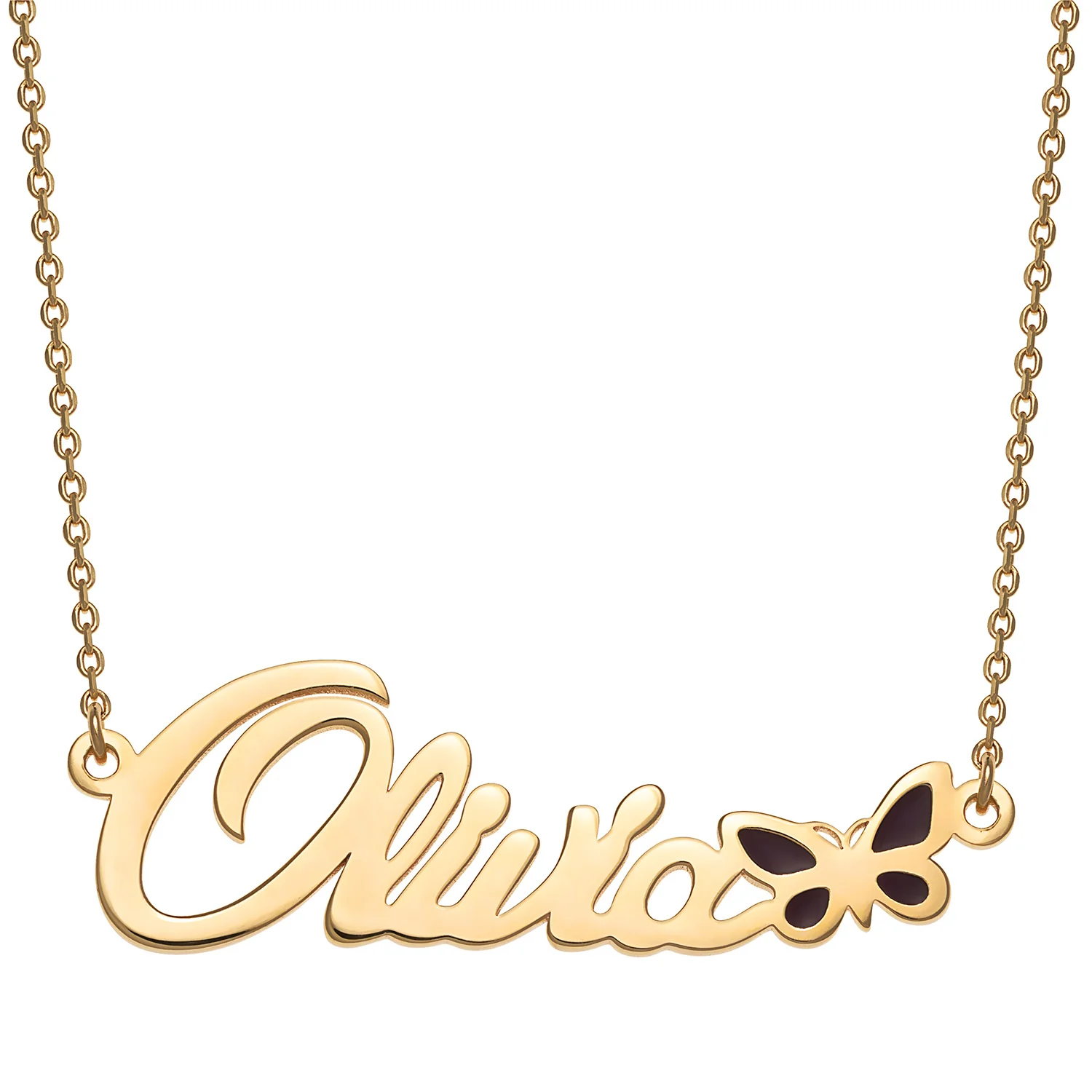 14K Gold over Sterling Name with Purple Enamel Butterfly Necklace