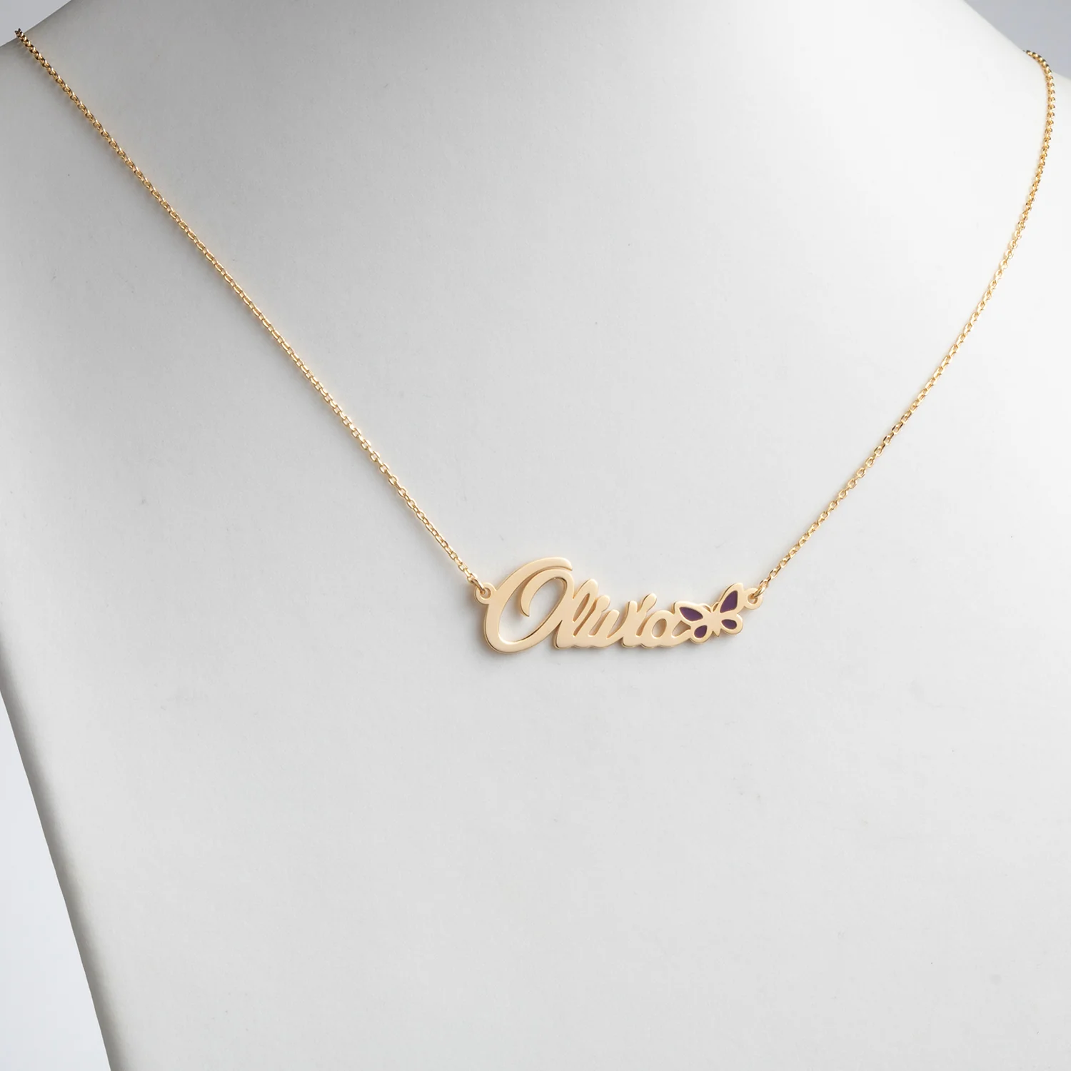 14K Gold over Sterling Name with Purple Enamel Butterfly Necklace - Image 2