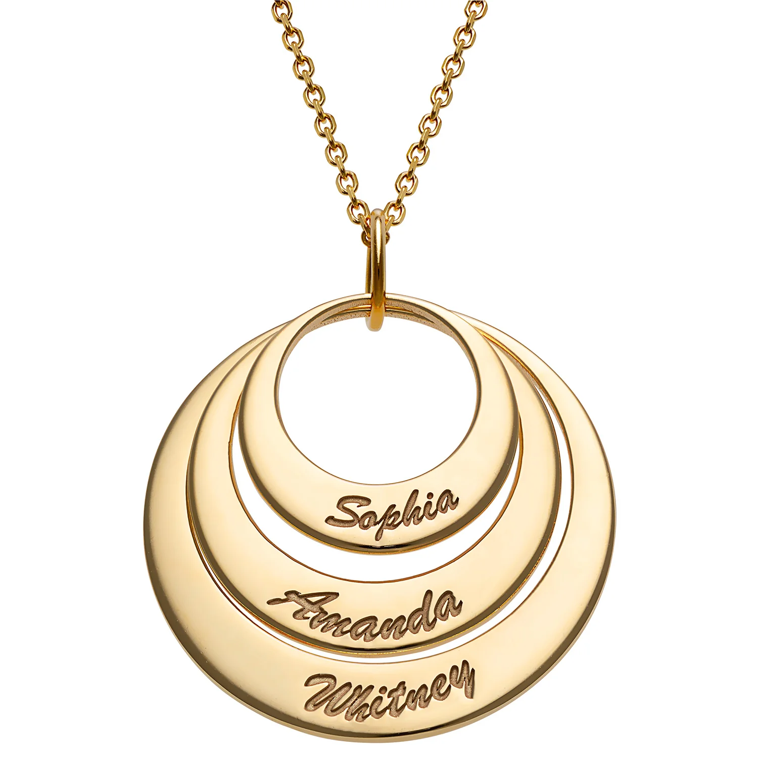 14K Gold over Sterling Nesting Circles with Names Necklace - 3 Discs