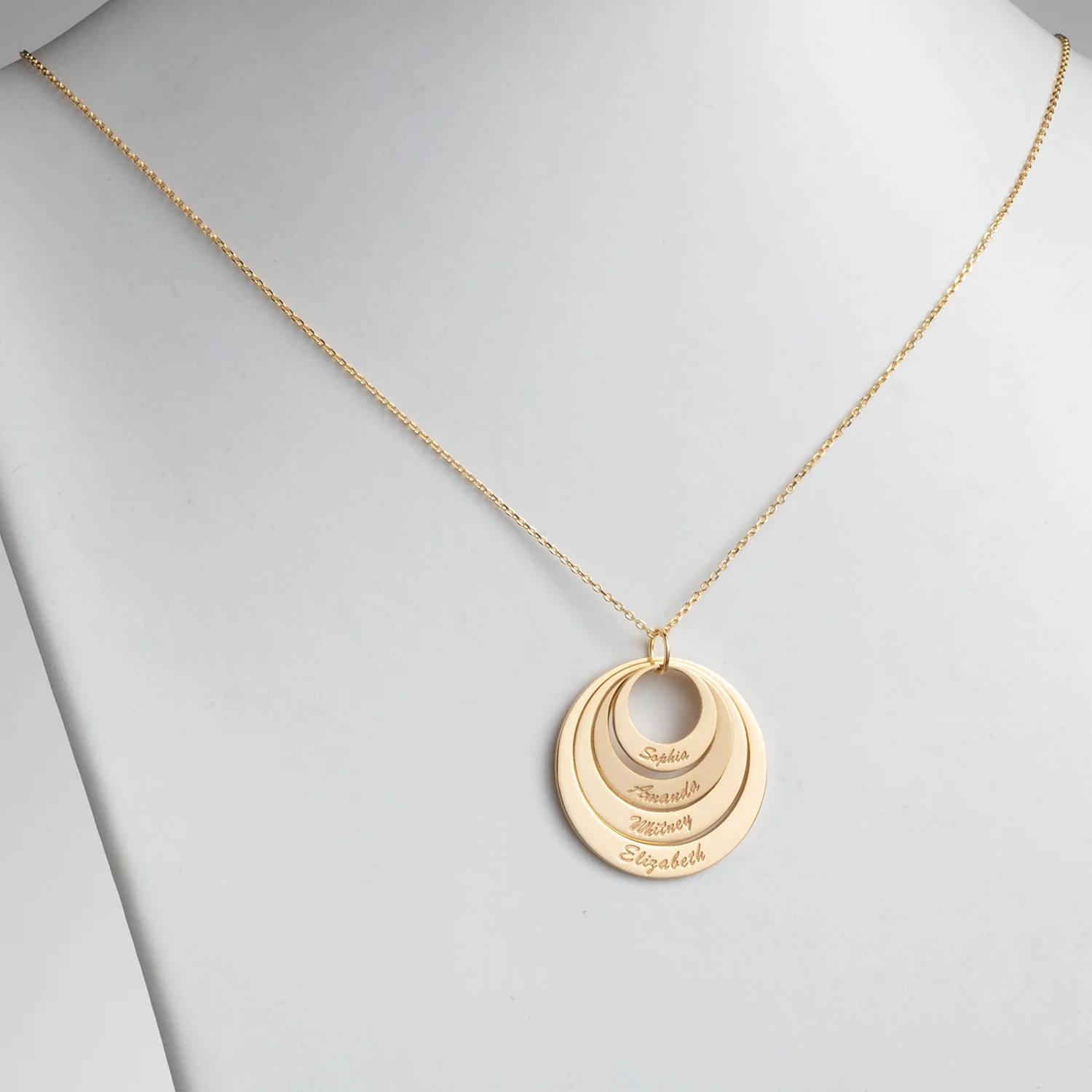 14K Gold over Sterling Nesting Circles with Names Necklace - 4 Discs - Image 2