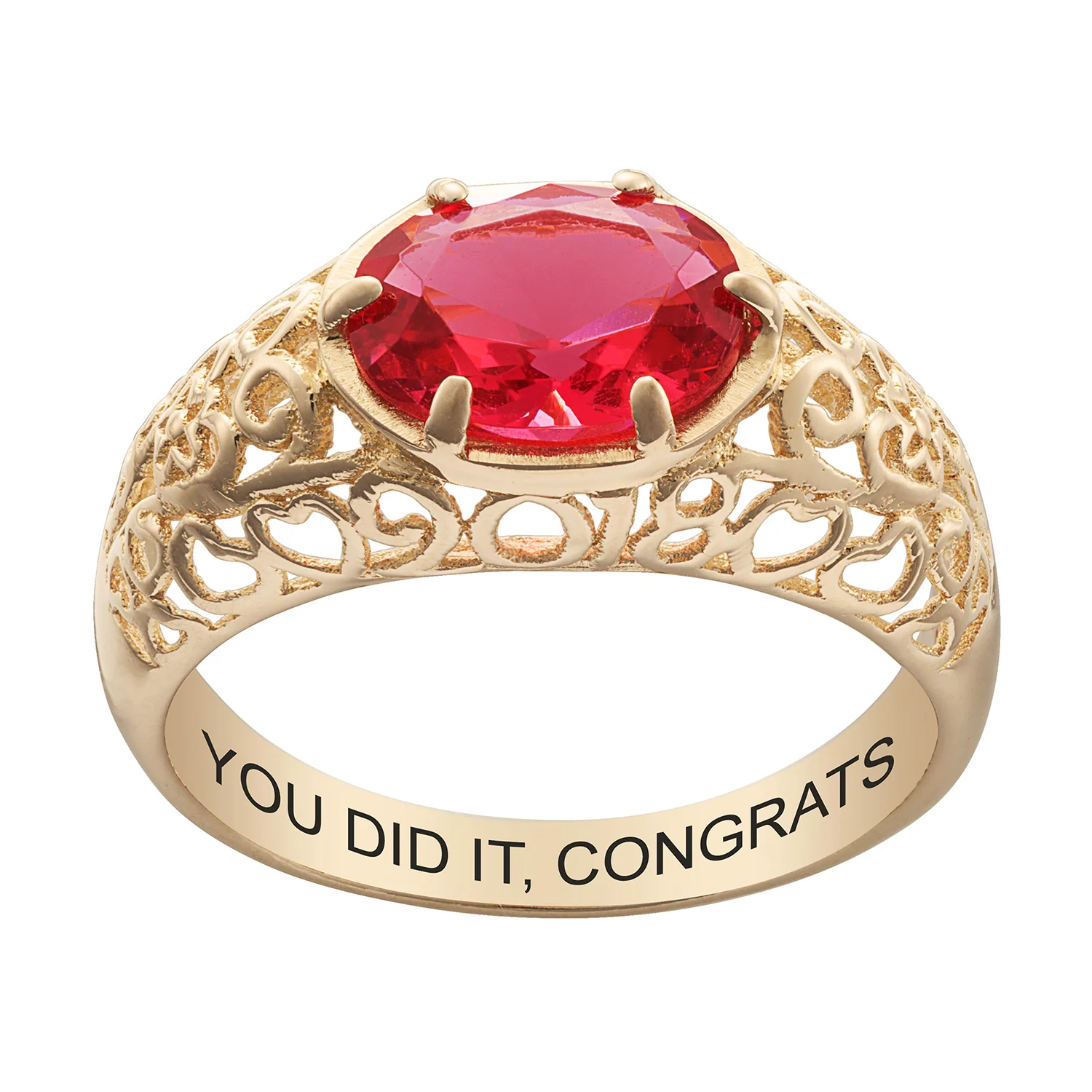 14K Gold over Sterling Oval Birthstone Class Ring With Filigree Hidden Year