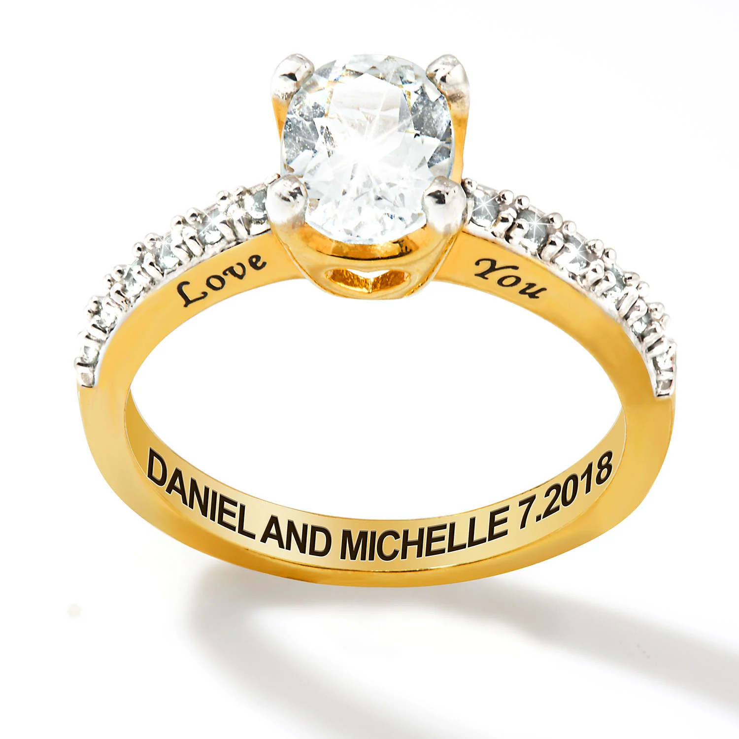 Gold over Sterling Oval White Topaz Open Heart Engraved Wedding Ring - Image 3