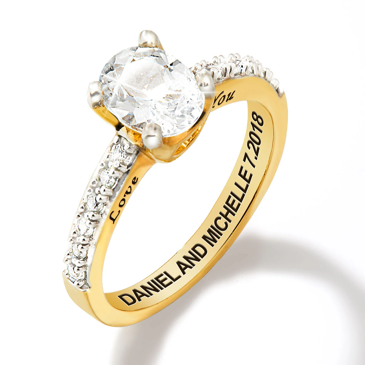 Gold over Sterling Oval White Topaz Open Heart Engraved Wedding Ring - Image 4