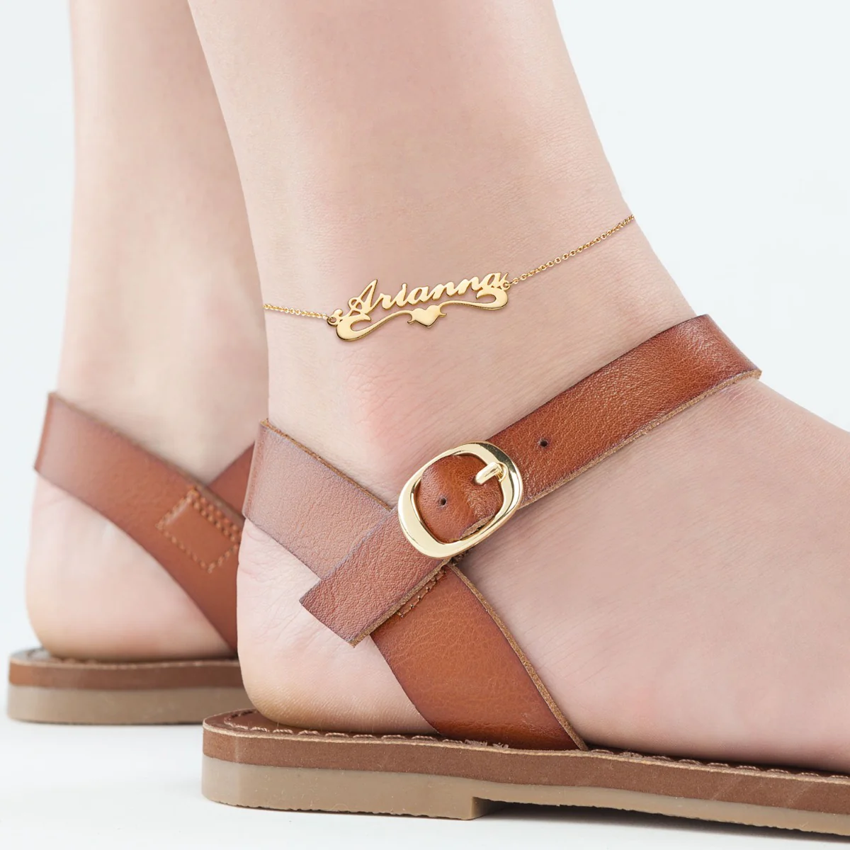 14K Gold over Sterling Petite Script Name with Heart Tail Anklet