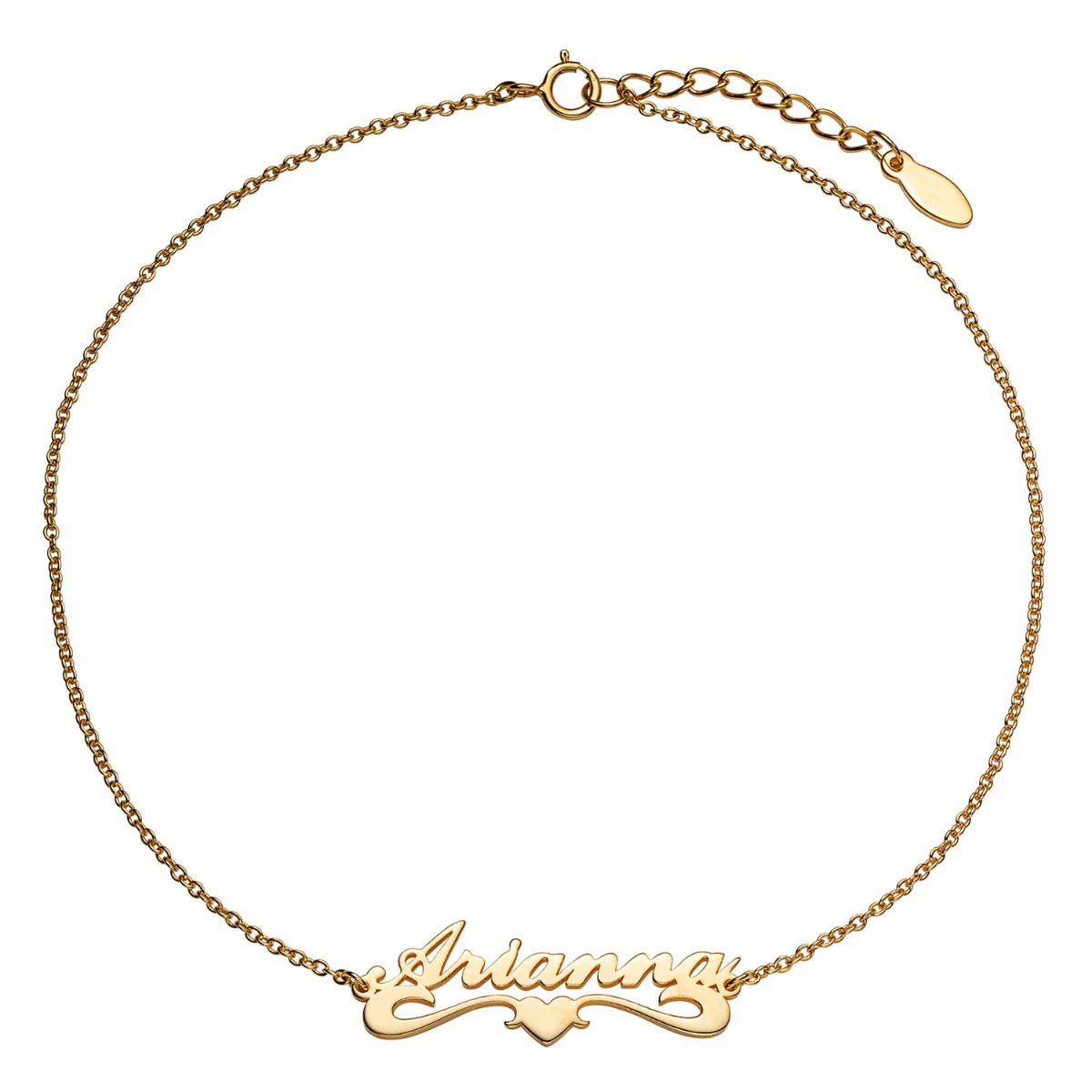 14K Gold over Sterling Petite Script Name with Heart Tail Anklet - Image 2