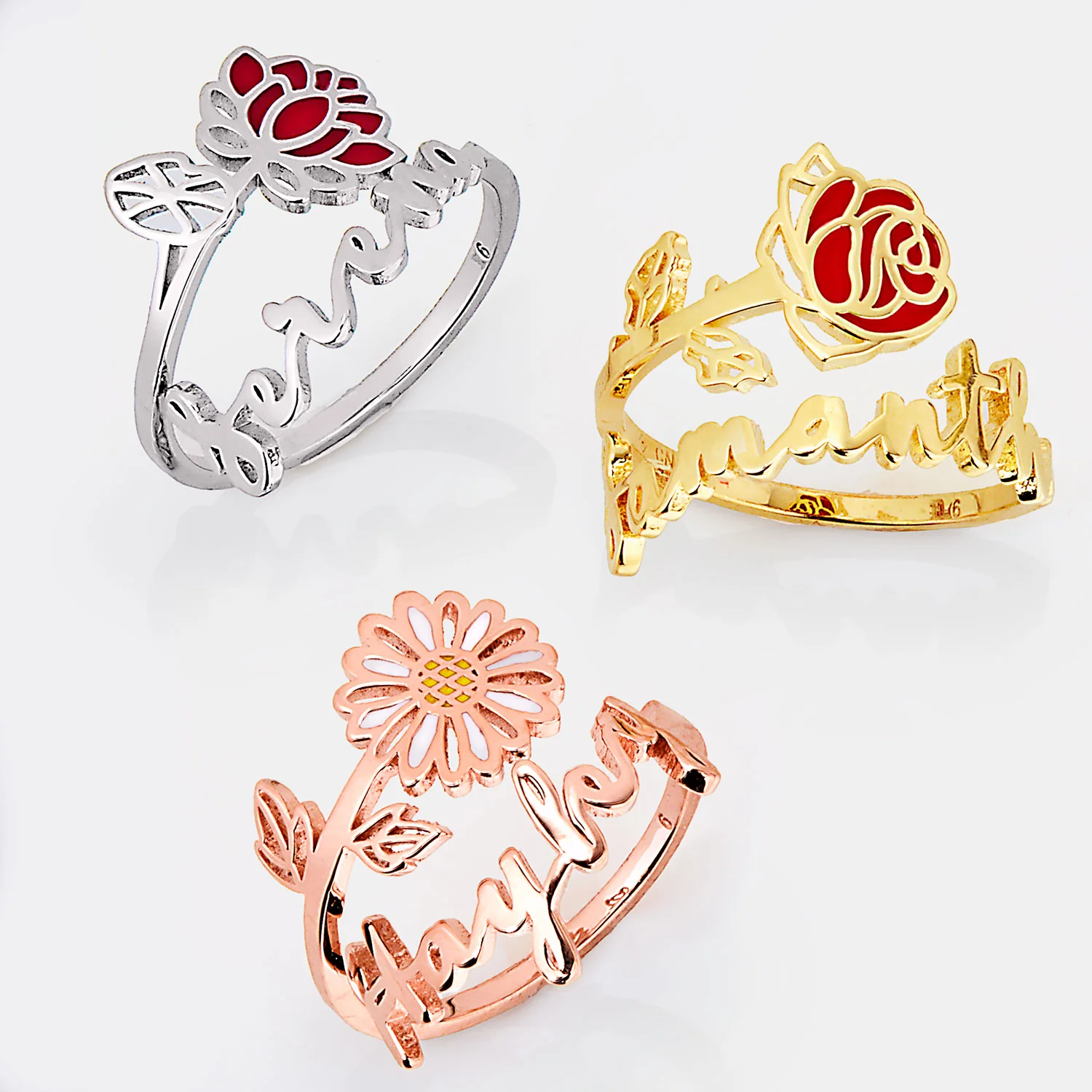 Gold over Sterling Script Name and Birthmonth Enamel Flower Bypass Ring - Image 4