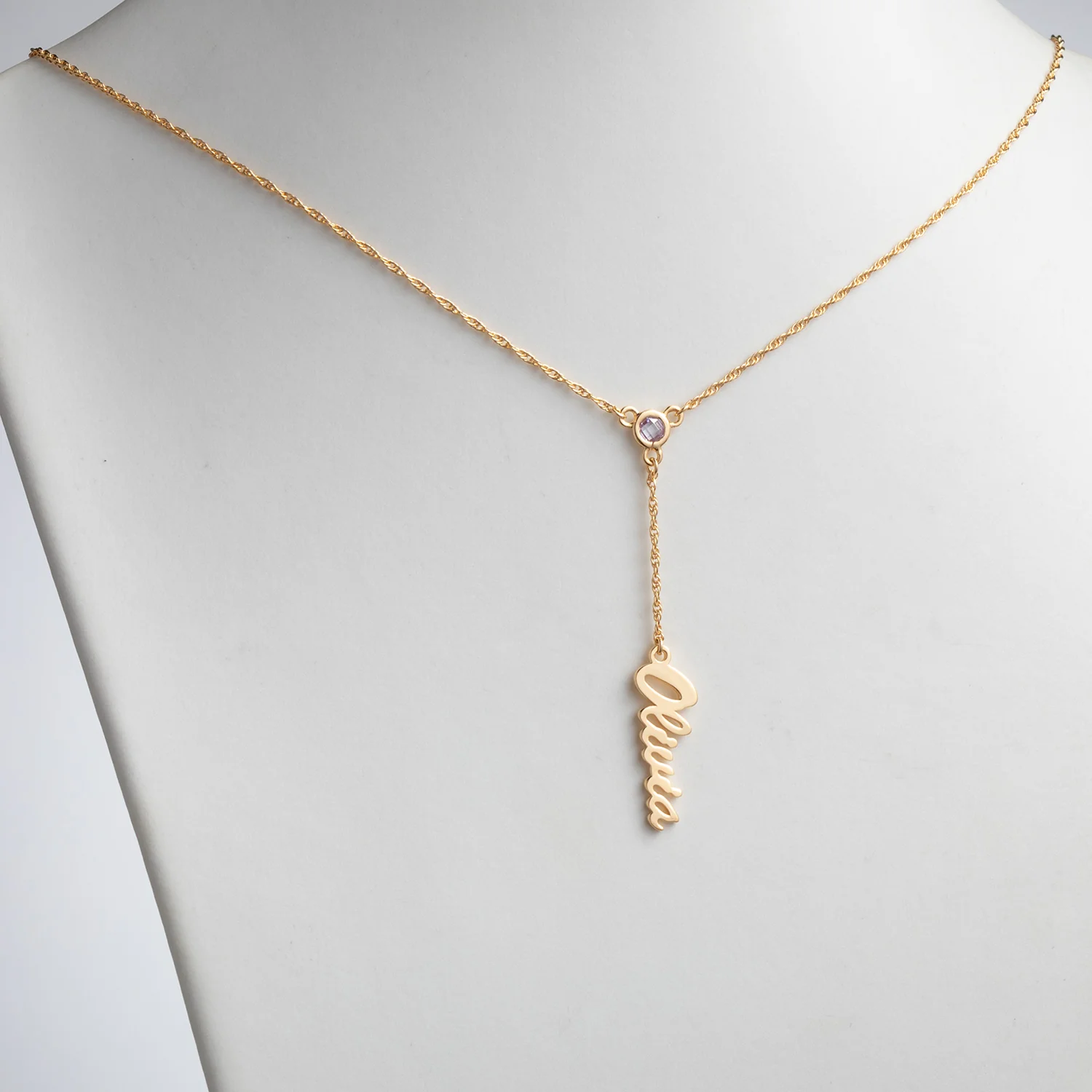 14K Gold over Sterling Script Name and Birthstone Y-Necklace - Image 2