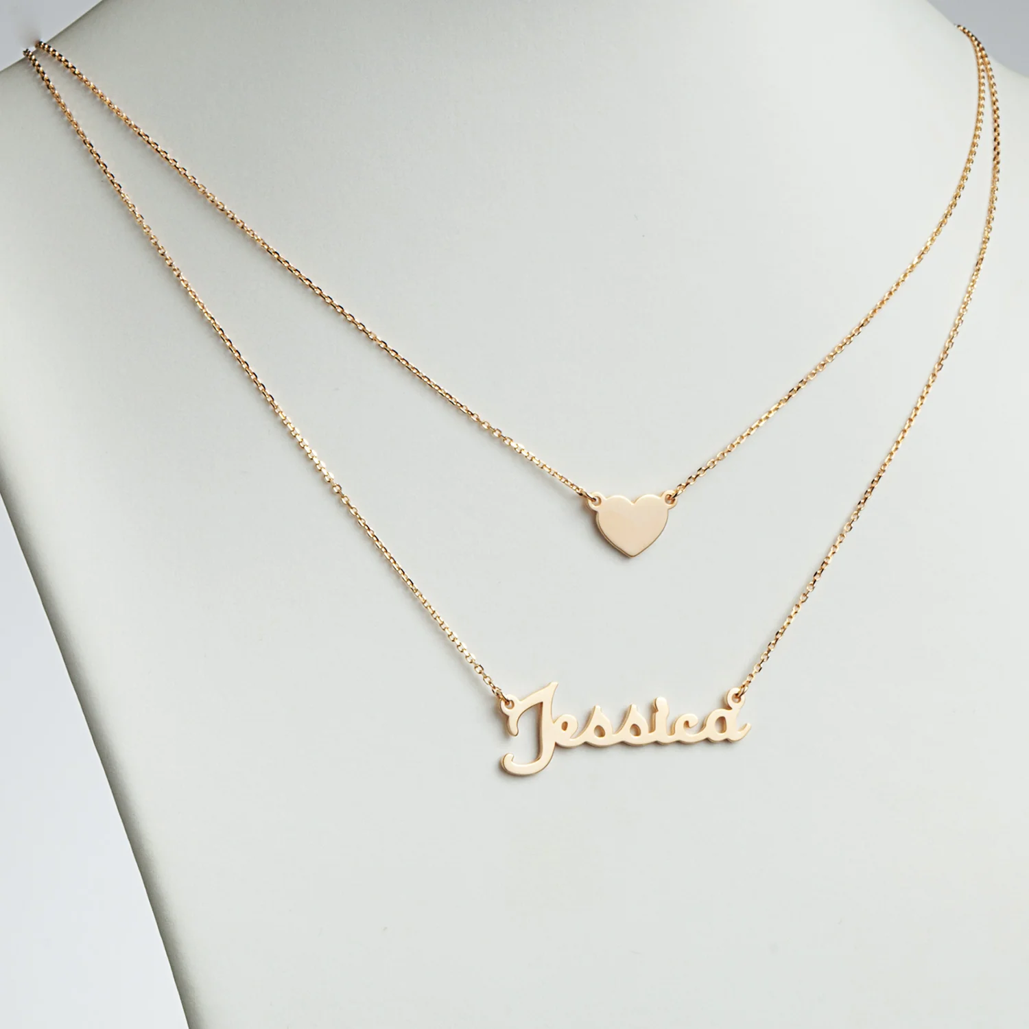 14K Gold over Sterling Script Name and Heart Layered Double Necklace - Image 2