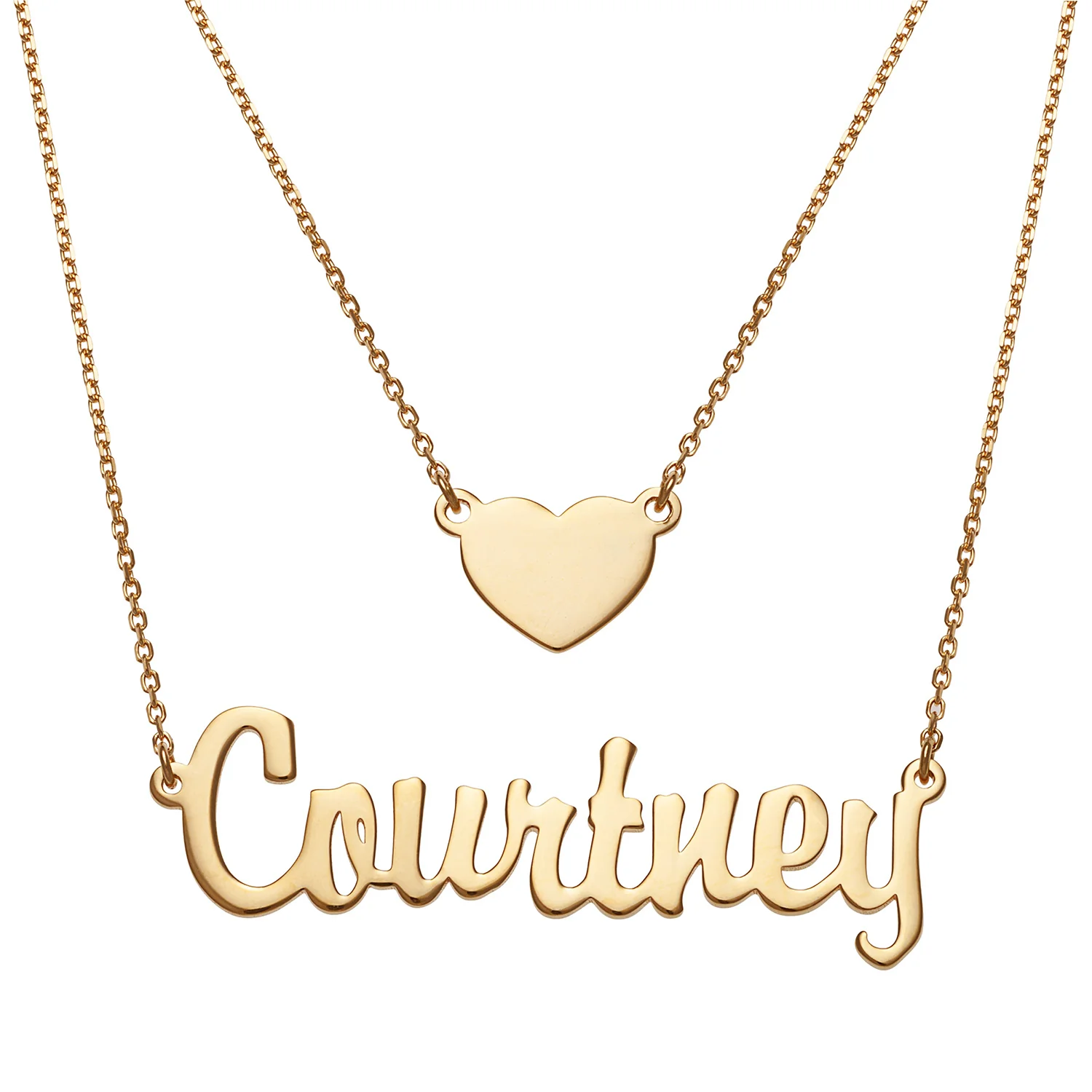 14K Gold over Sterling Script Name and Heart Layered Double Necklace