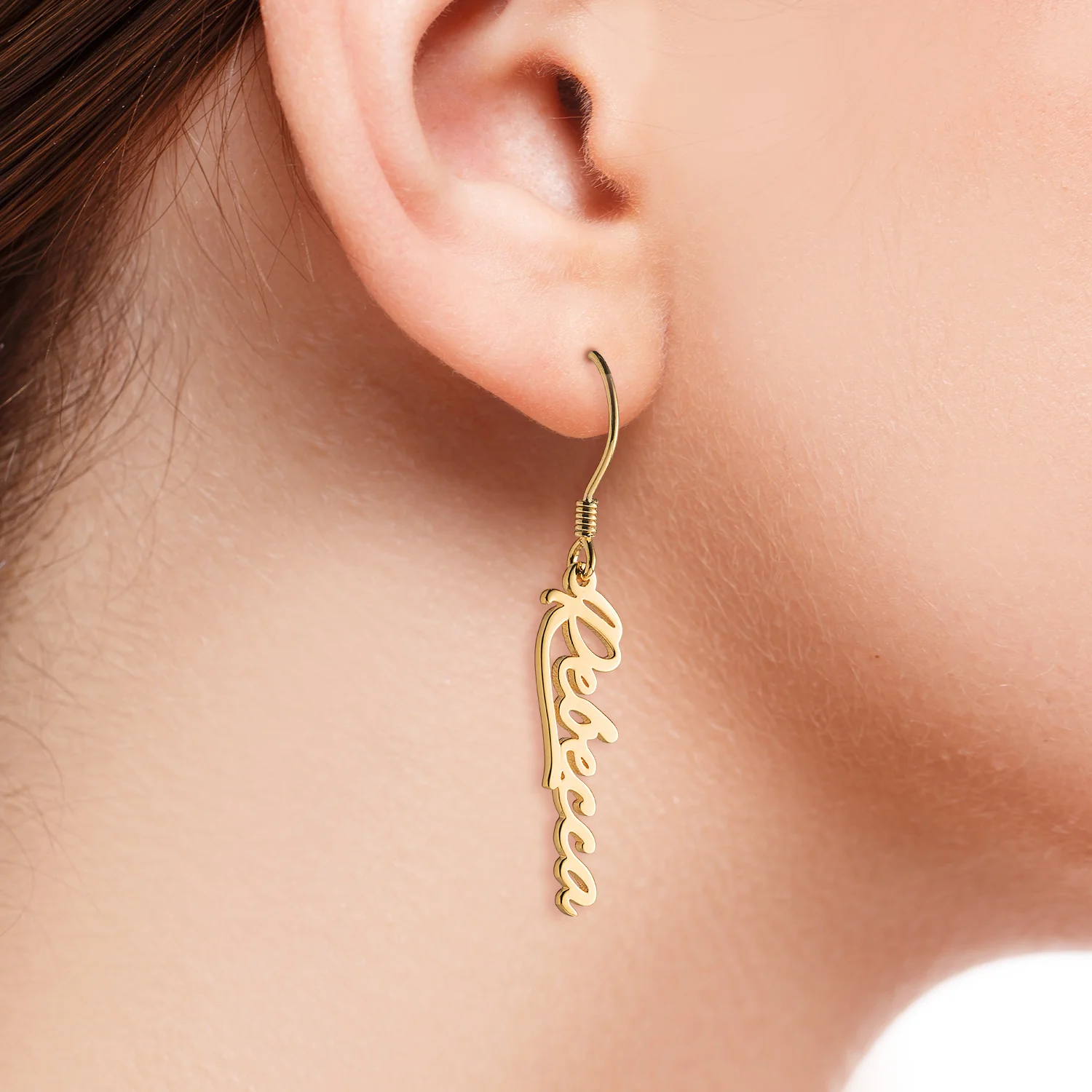 14K Gold over Sterling Script Name Dangle Earrings - Image 2