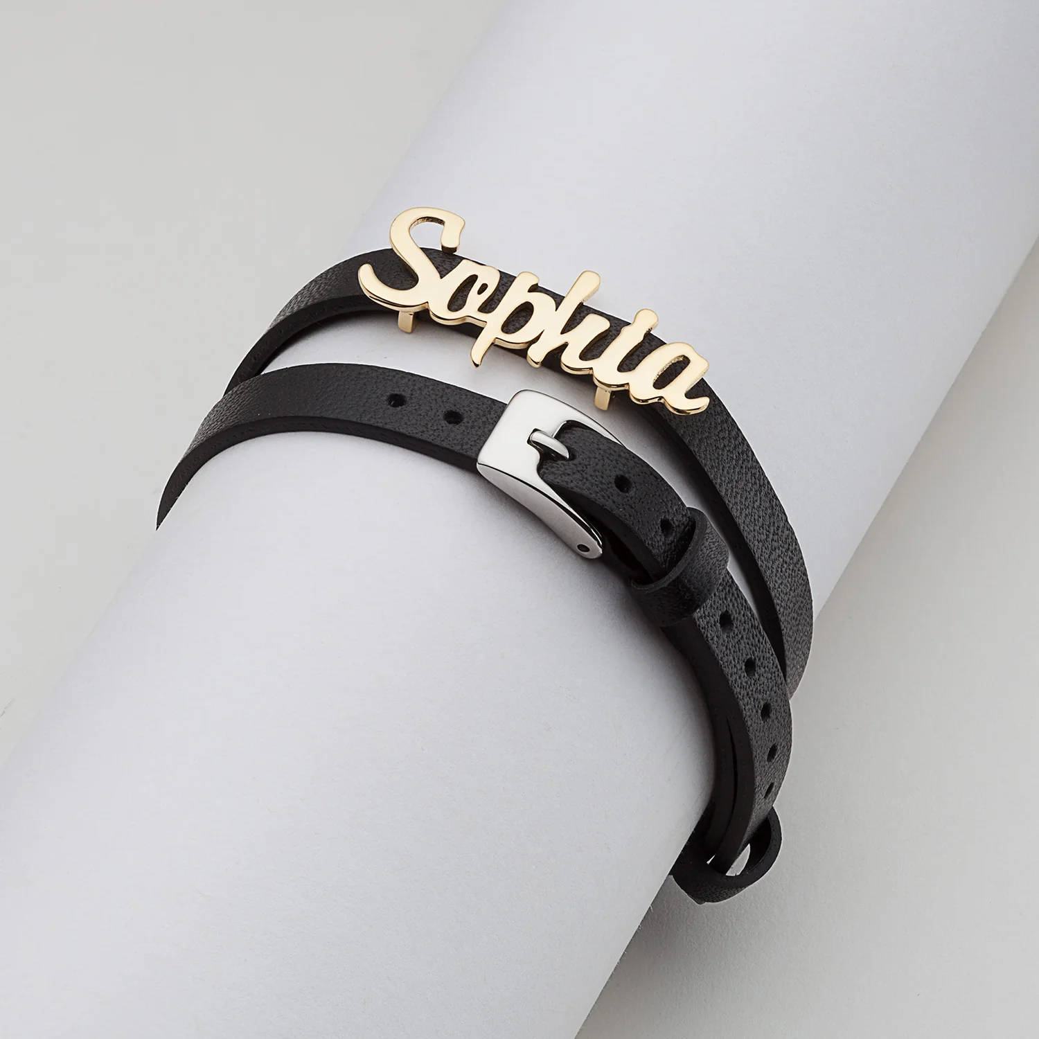 14K Gold over Sterling Script Name Leather Wrap Bracelet and Choker - Image 3