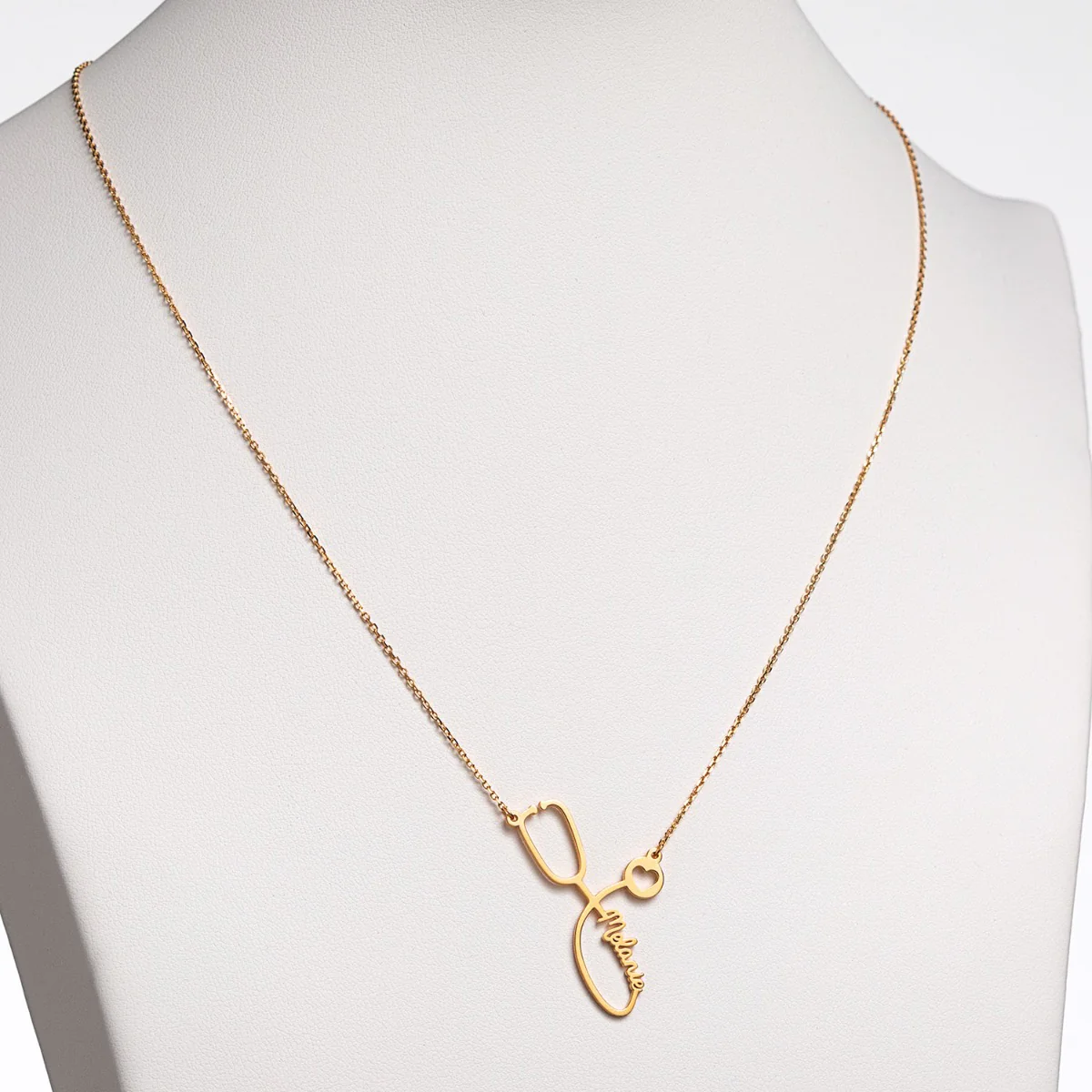 14K Gold over Sterling Script Name Stethoscope with Heart Necklace - Image 3