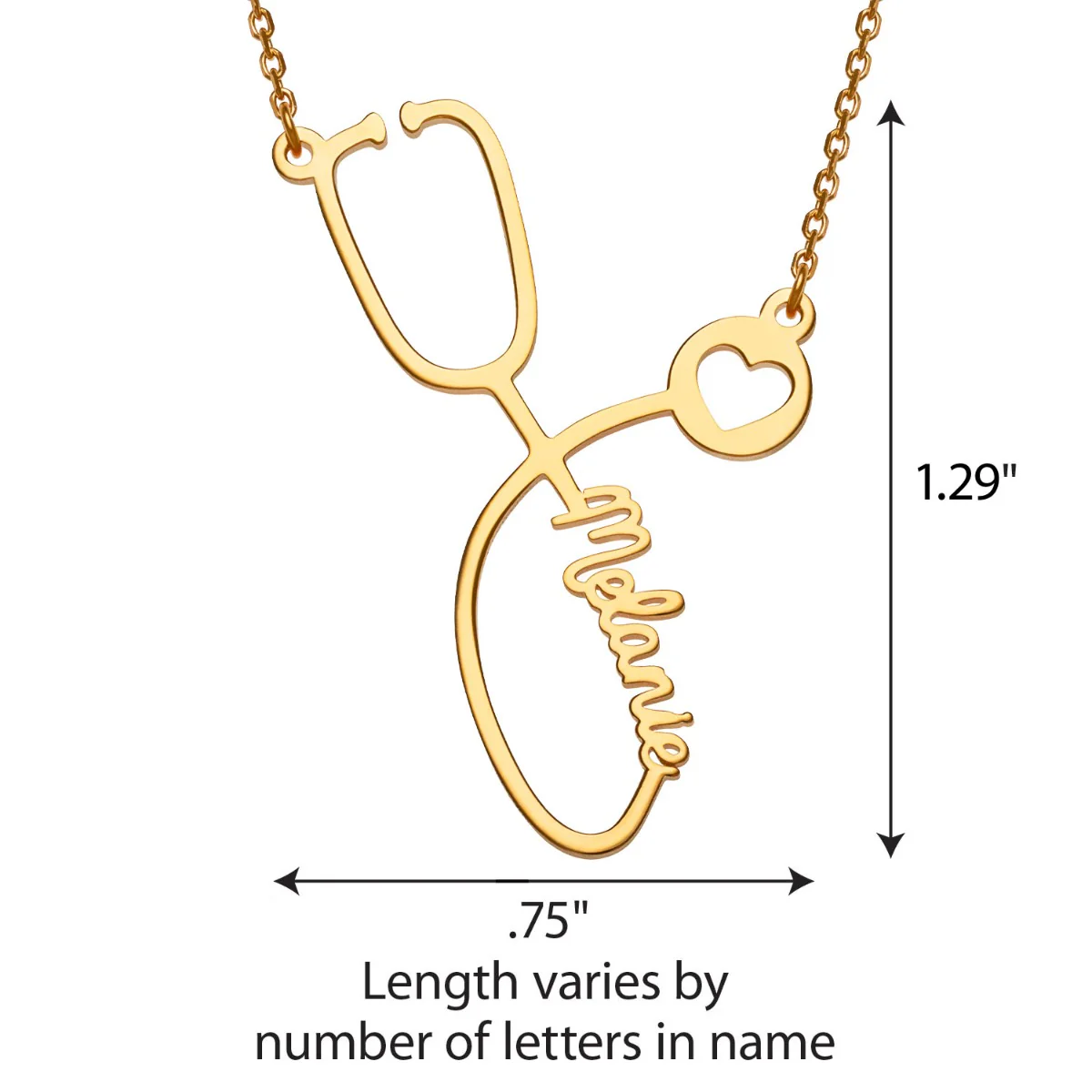 14K Gold over Sterling Script Name Stethoscope with Heart Necklace - Image 4