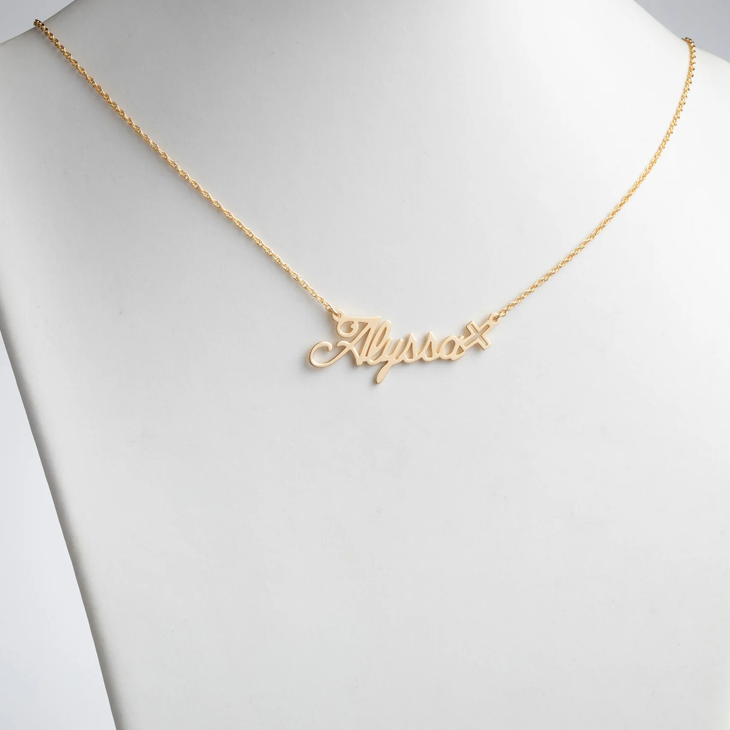 14K Gold over Sterling Script Name with Cross Necklace - Image 2