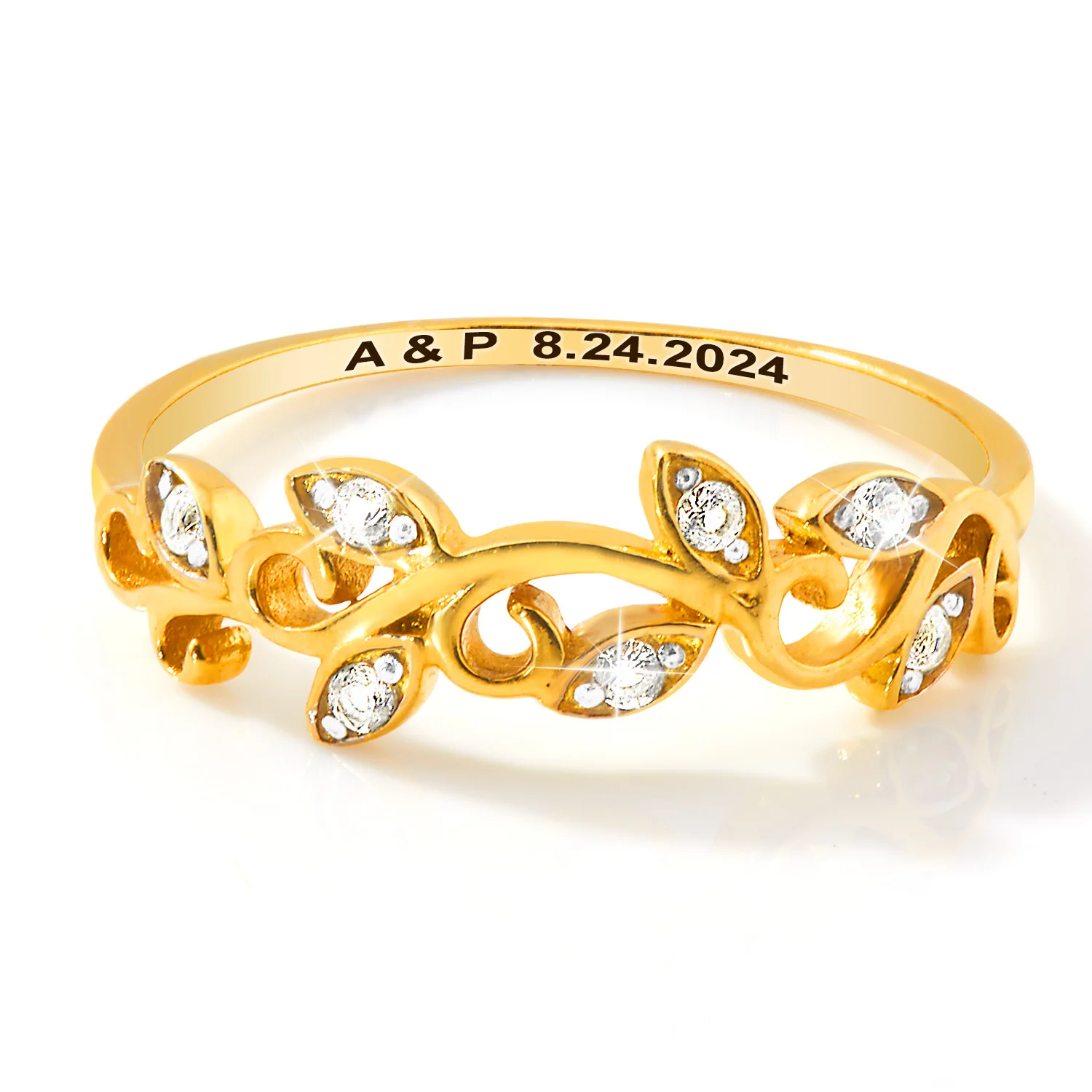 Gold over Sterling Scroll Leaf White Topaz Band Ring