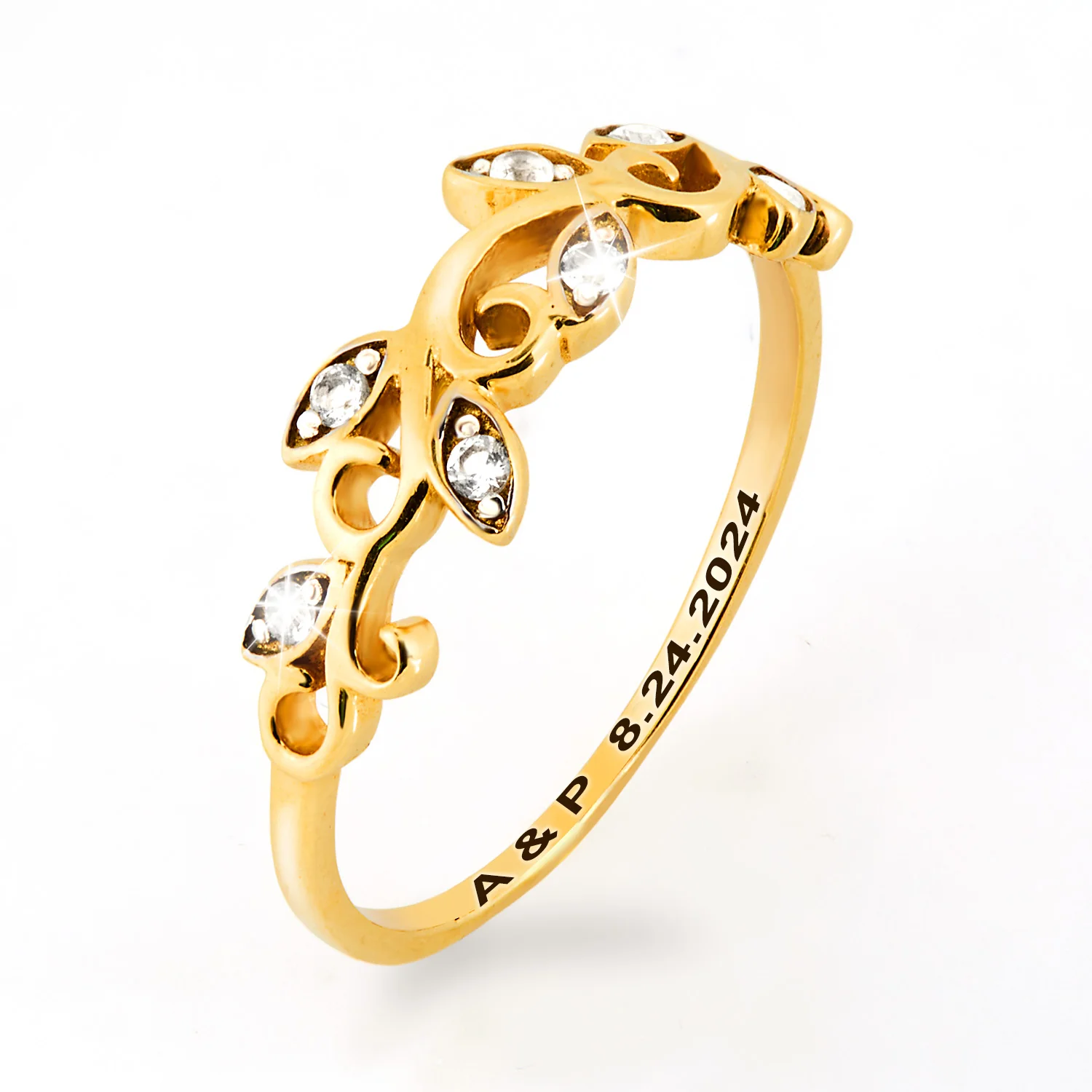 Gold over Sterling Scroll Leaf White Topaz Band Ring - Image 3