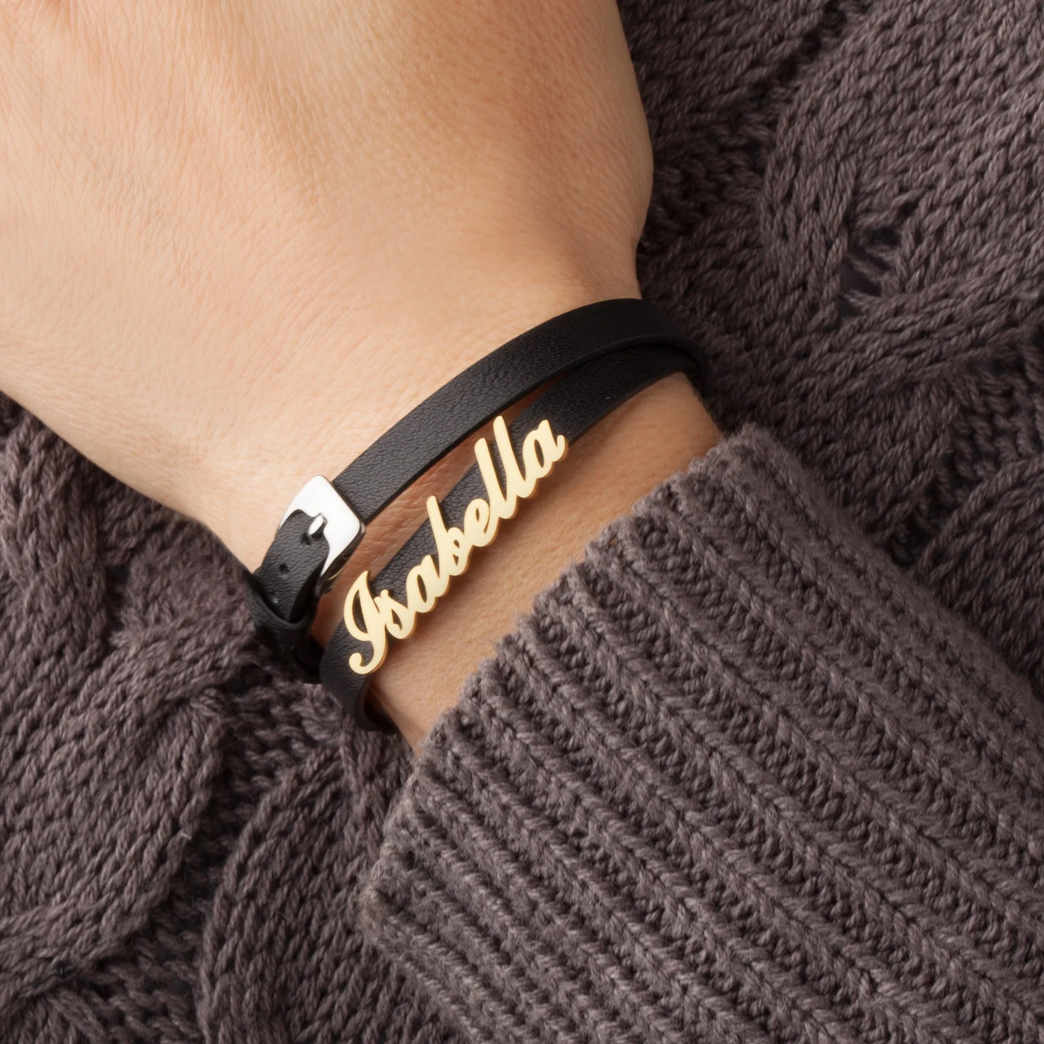 14K Gold over Sterling Name Leather Wrap Bracelet and Choker - Image 3
