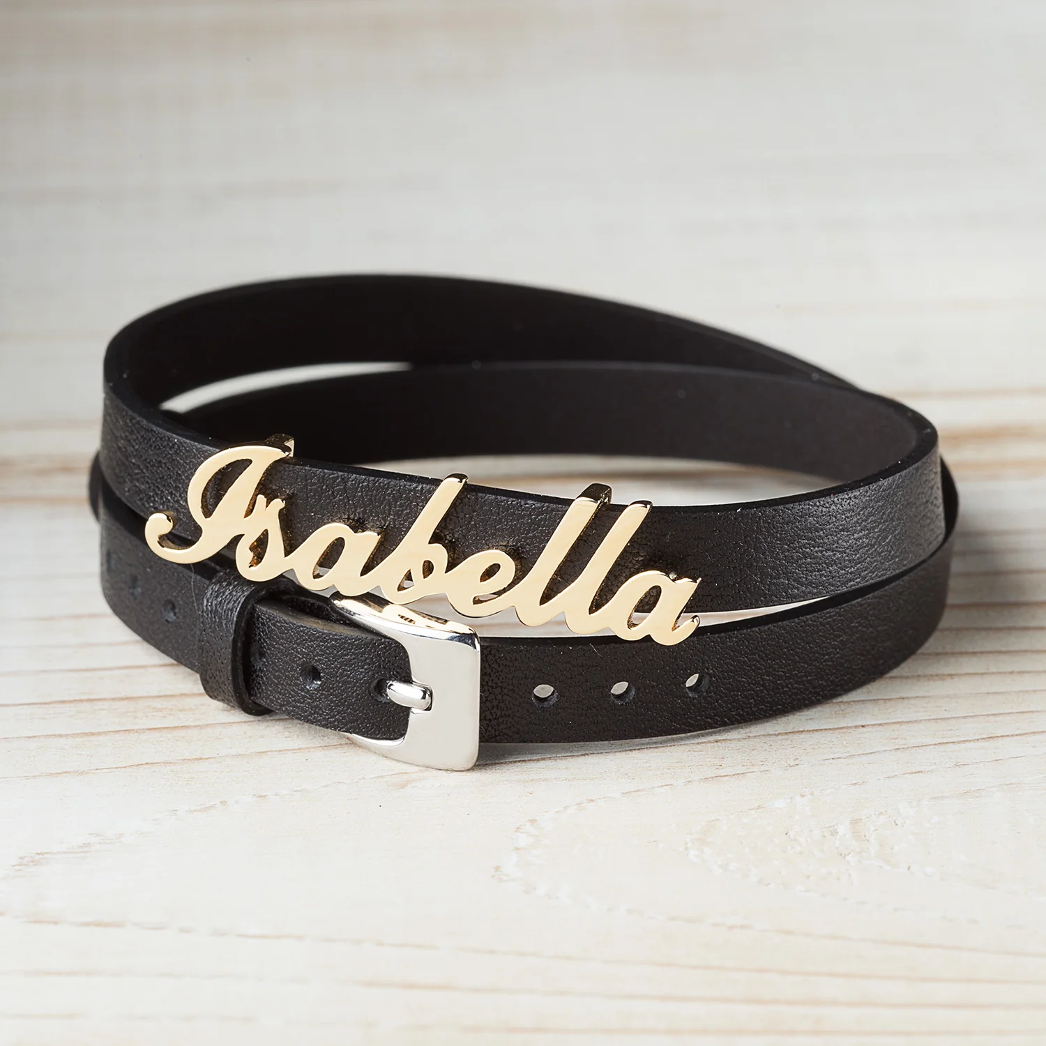 14K Gold over Sterling Name Leather Wrap Bracelet and Choker - Image 5