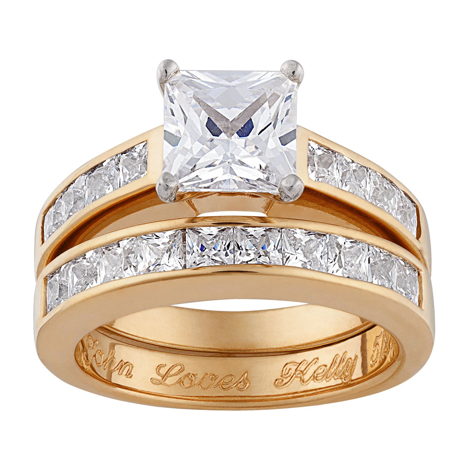 14K Gold over Sterling Square CZ 2 Piece Engraved Wedding Ring Set