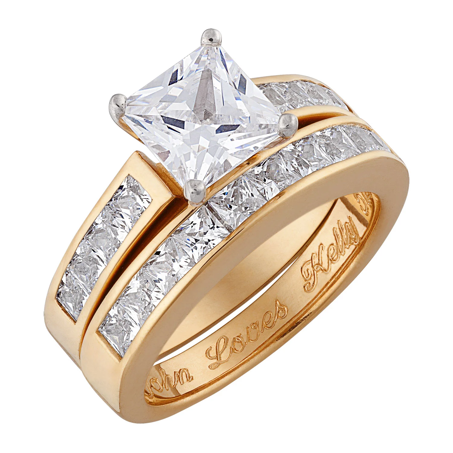 14K Gold over Sterling Square CZ 2 Piece Engraved Wedding Ring Set - Image 2