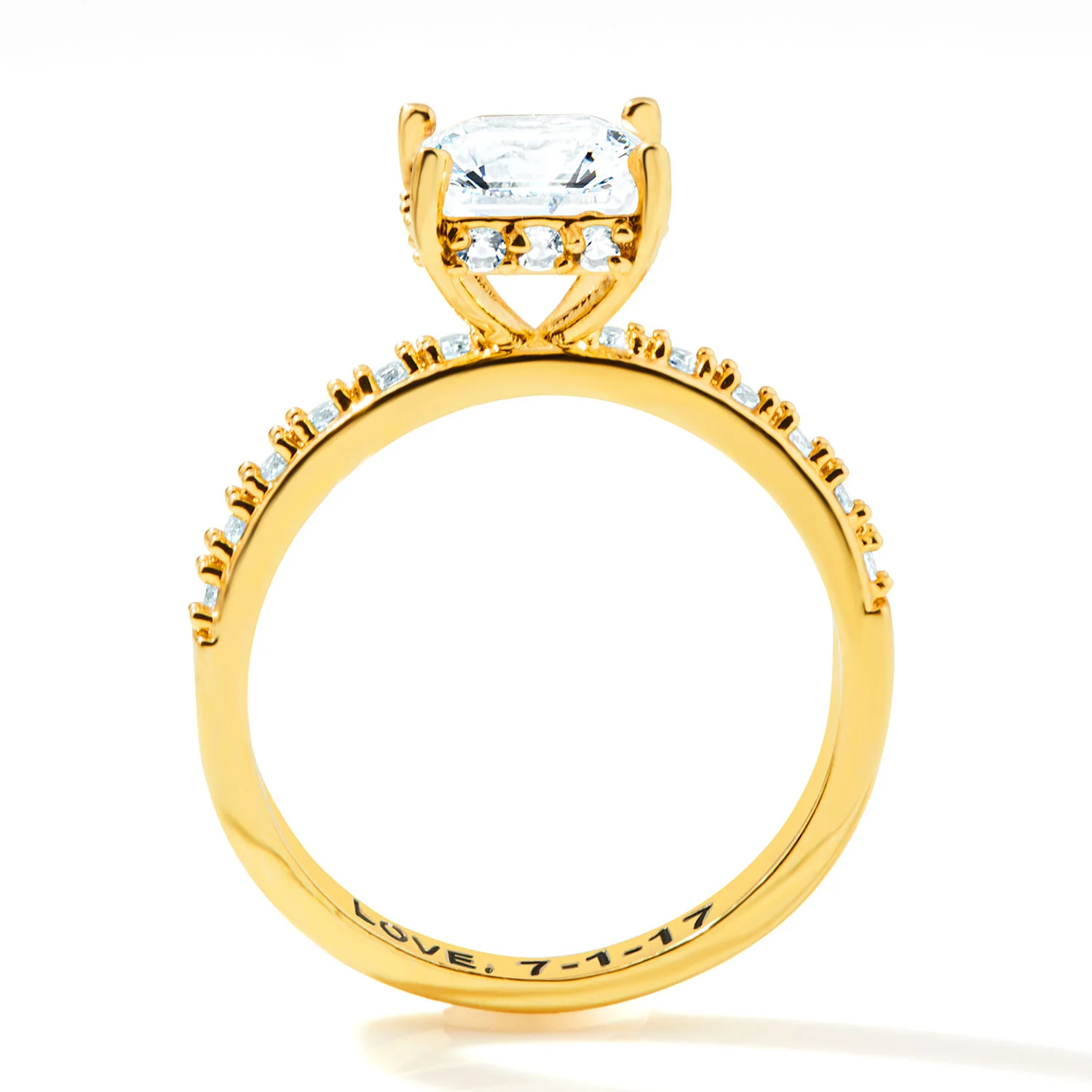 Gold over Sterling Square Hidden Halo White Topaz Pave Band Engagement Ring - Image 5