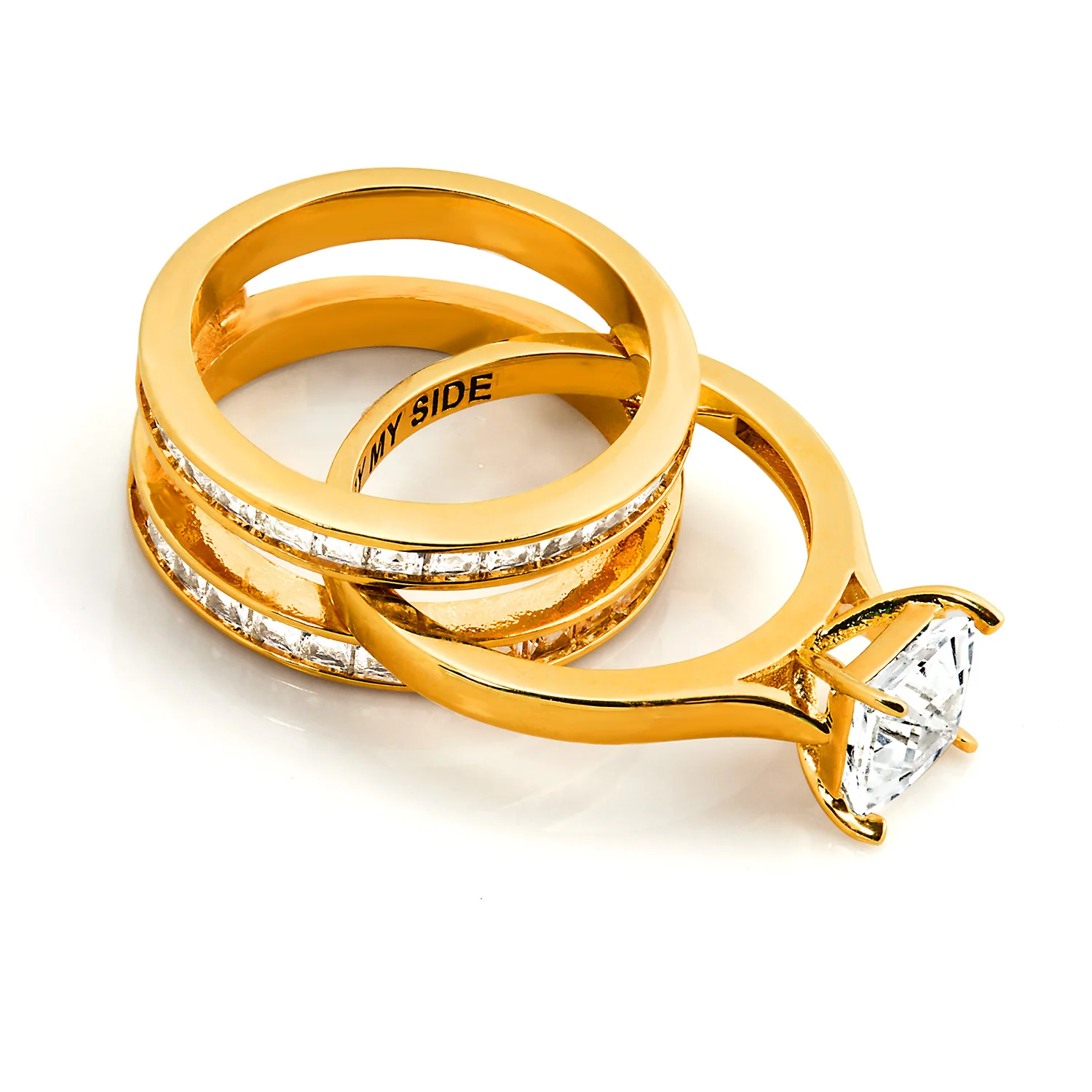 Gold over Sterling Square White Topaz Engraved Enhancer Engagement Ring Set - Image 7