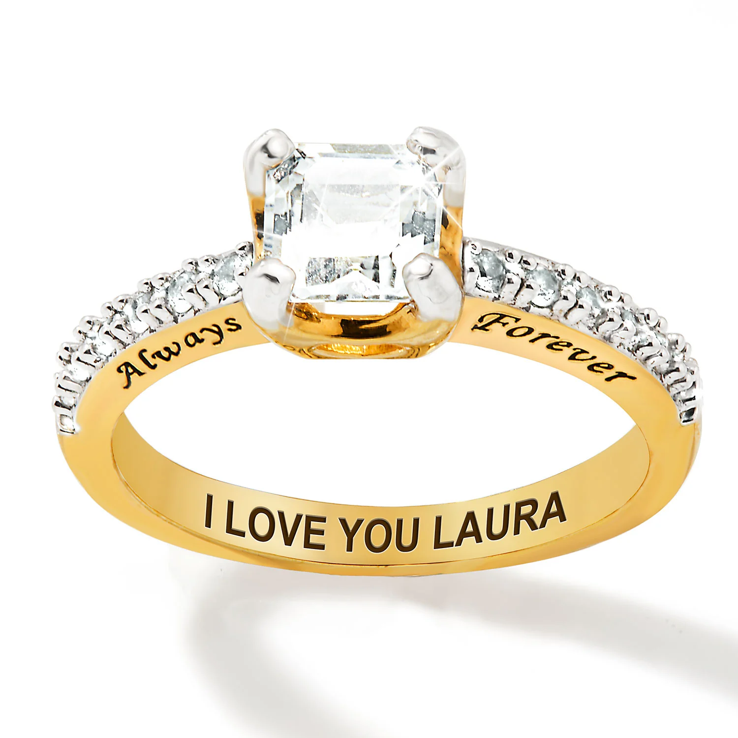 Gold over Sterling Square White Topaz Open Heart Engraved Wedding Ring - Image 3