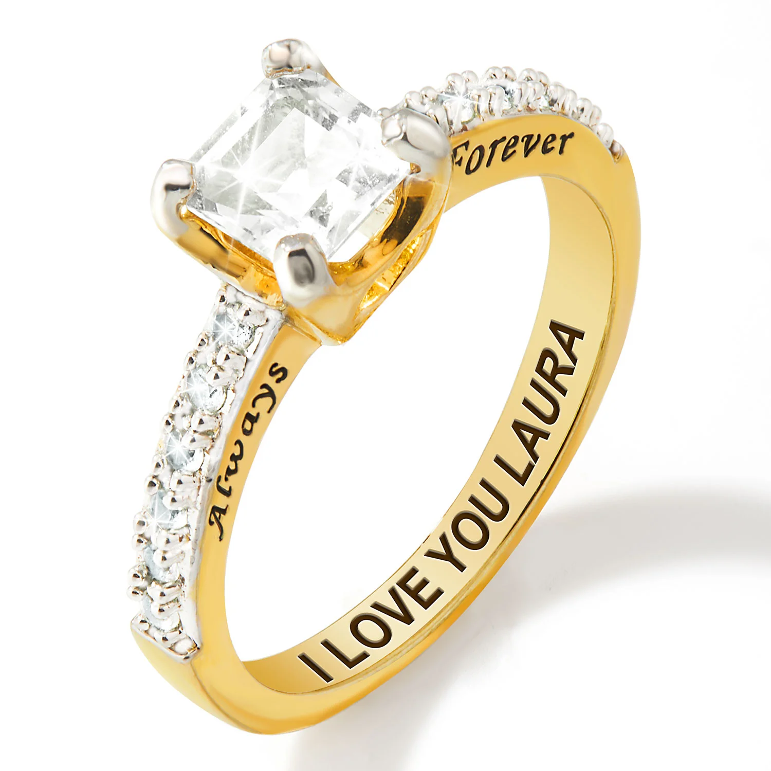 Gold over Sterling Square White Topaz Open Heart Engraved Wedding Ring - Image 4