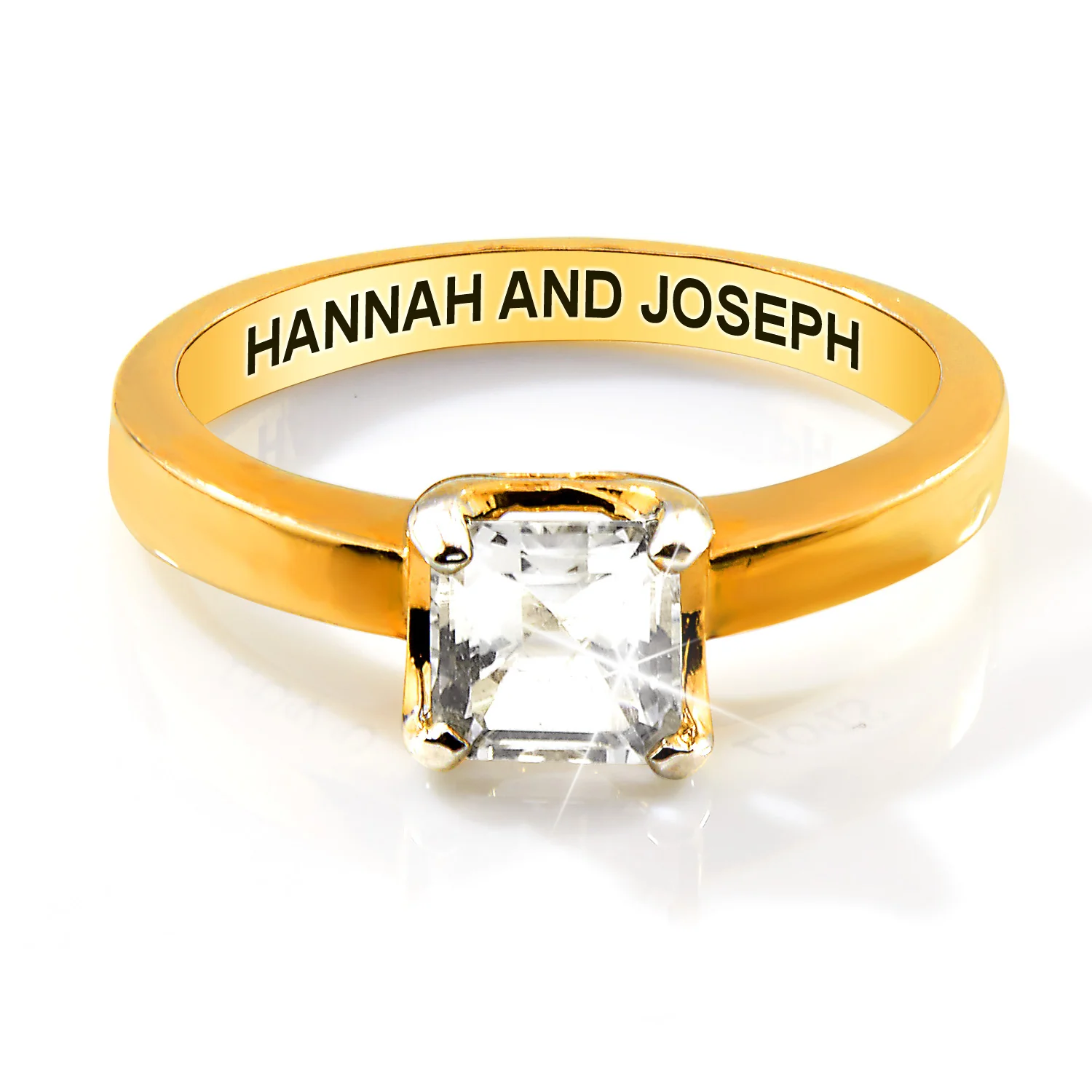 Gold over Sterling Square White Topaz Solitaire Open Heart Engraved Wedding Ring