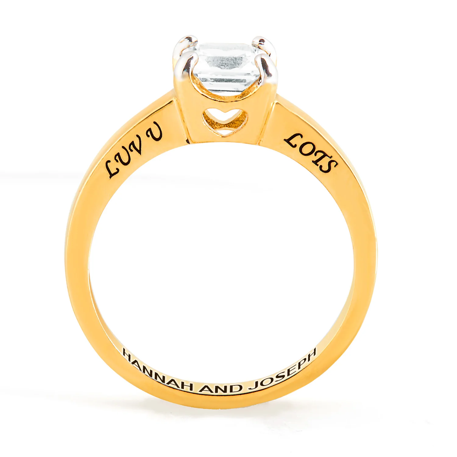 Gold over Sterling Square White Topaz Solitaire Open Heart Engraved Wedding Ring - Image 4