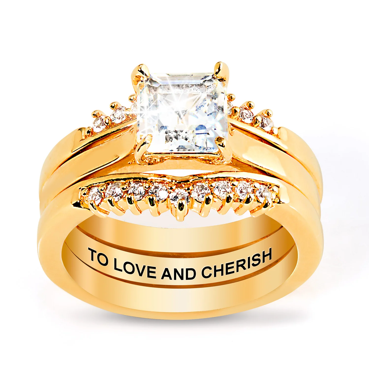 Gold over Sterling Square White Topaz Solitaire with Enhancer Engraved Engagement Ring Set - Image 3