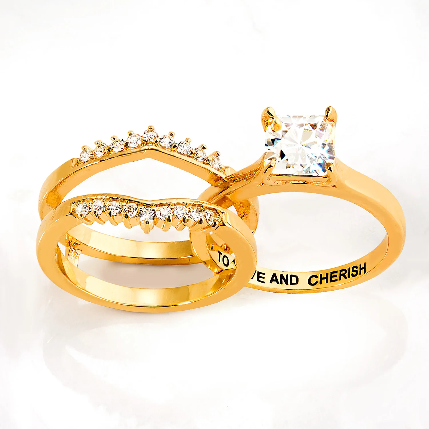 Gold over Sterling Square White Topaz Solitaire with Enhancer Engraved Engagement Ring Set - Image 4